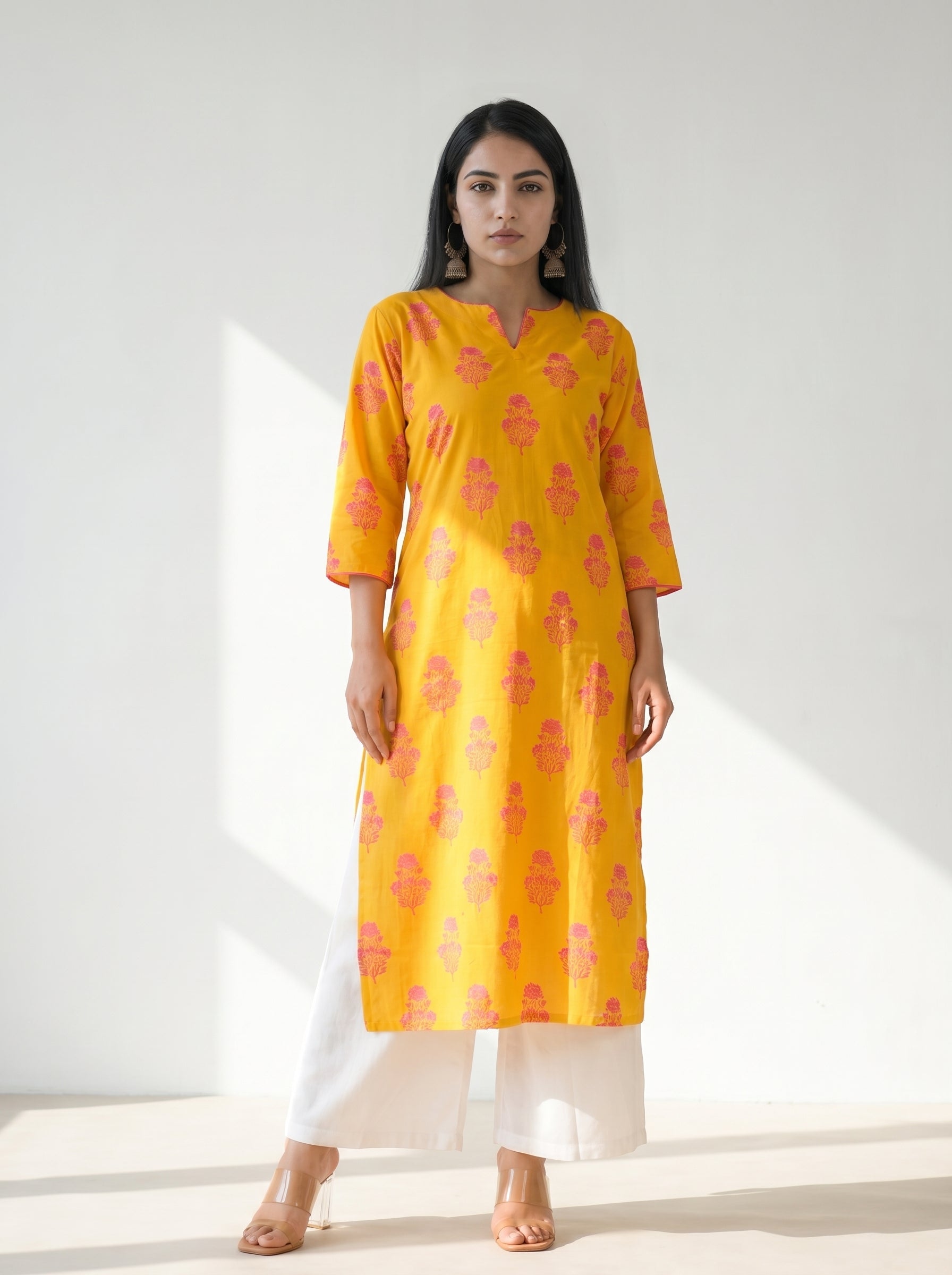 Yellow Cambric Cotton Straight Cut Printed Kurti