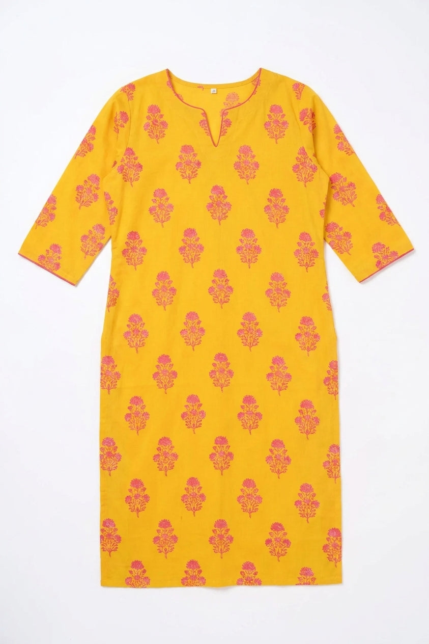 Yellow Cambric Cotton Straight Cut Printed Kurti