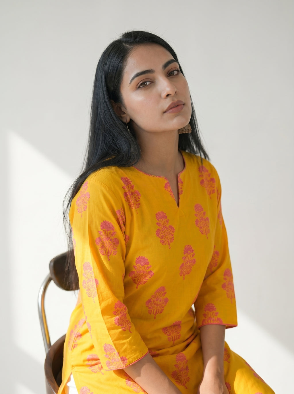 Yellow Cambric Cotton Straight Cut Printed Kurti