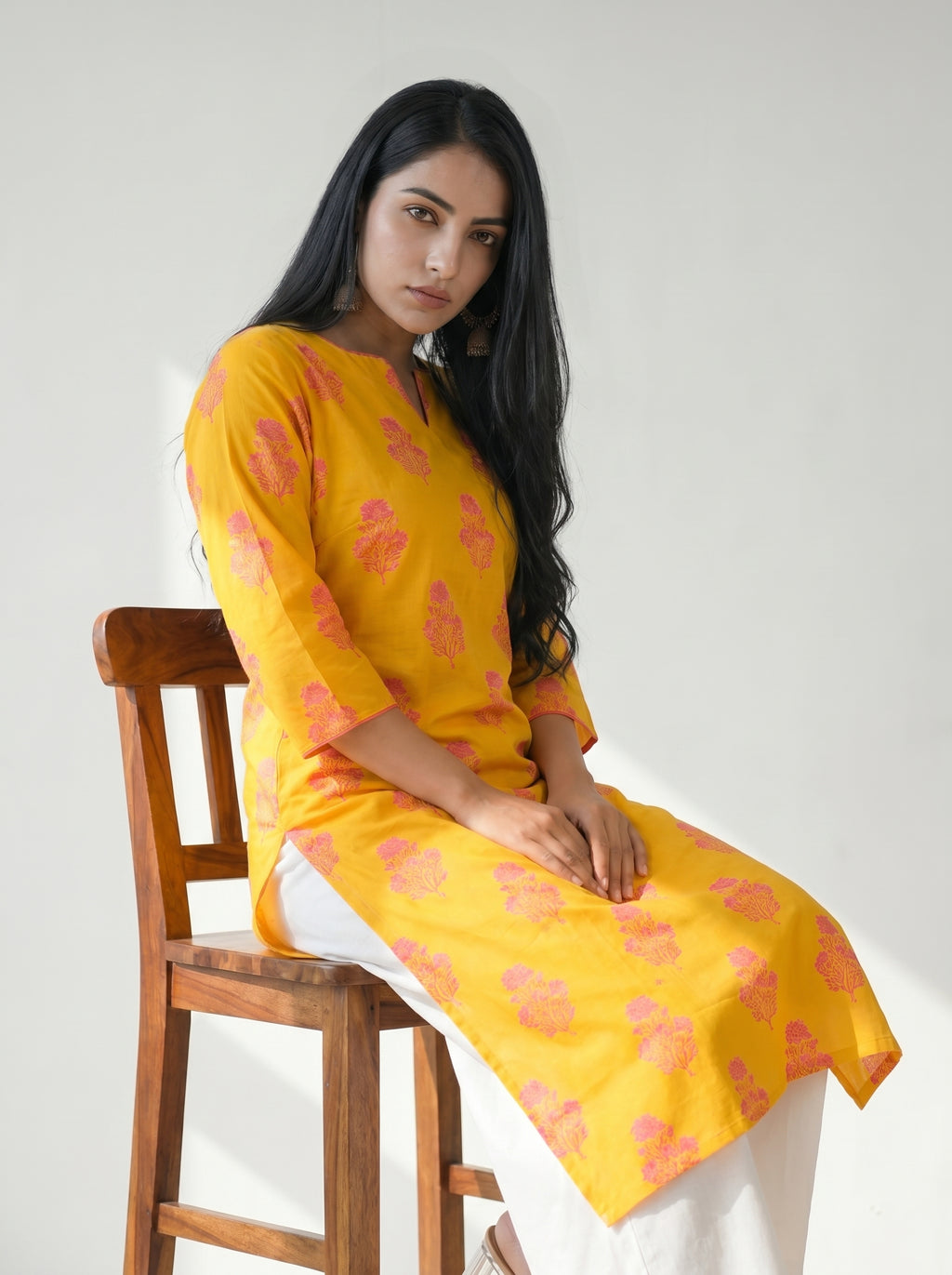 Yellow Cambric Cotton Straight Cut Printed Kurti