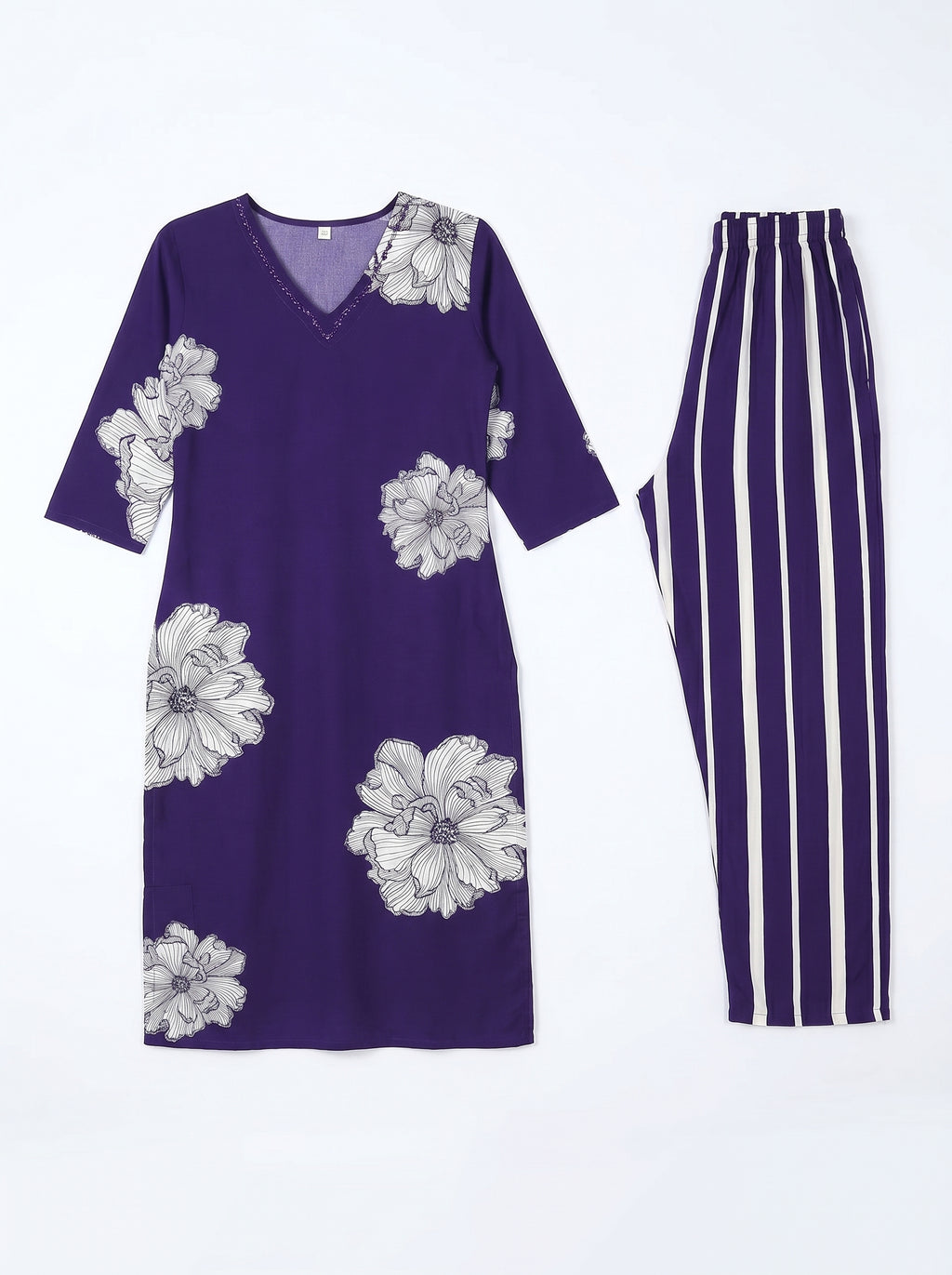 Deep Purple Rayon Floral Printed Kurti Co-Ord Set