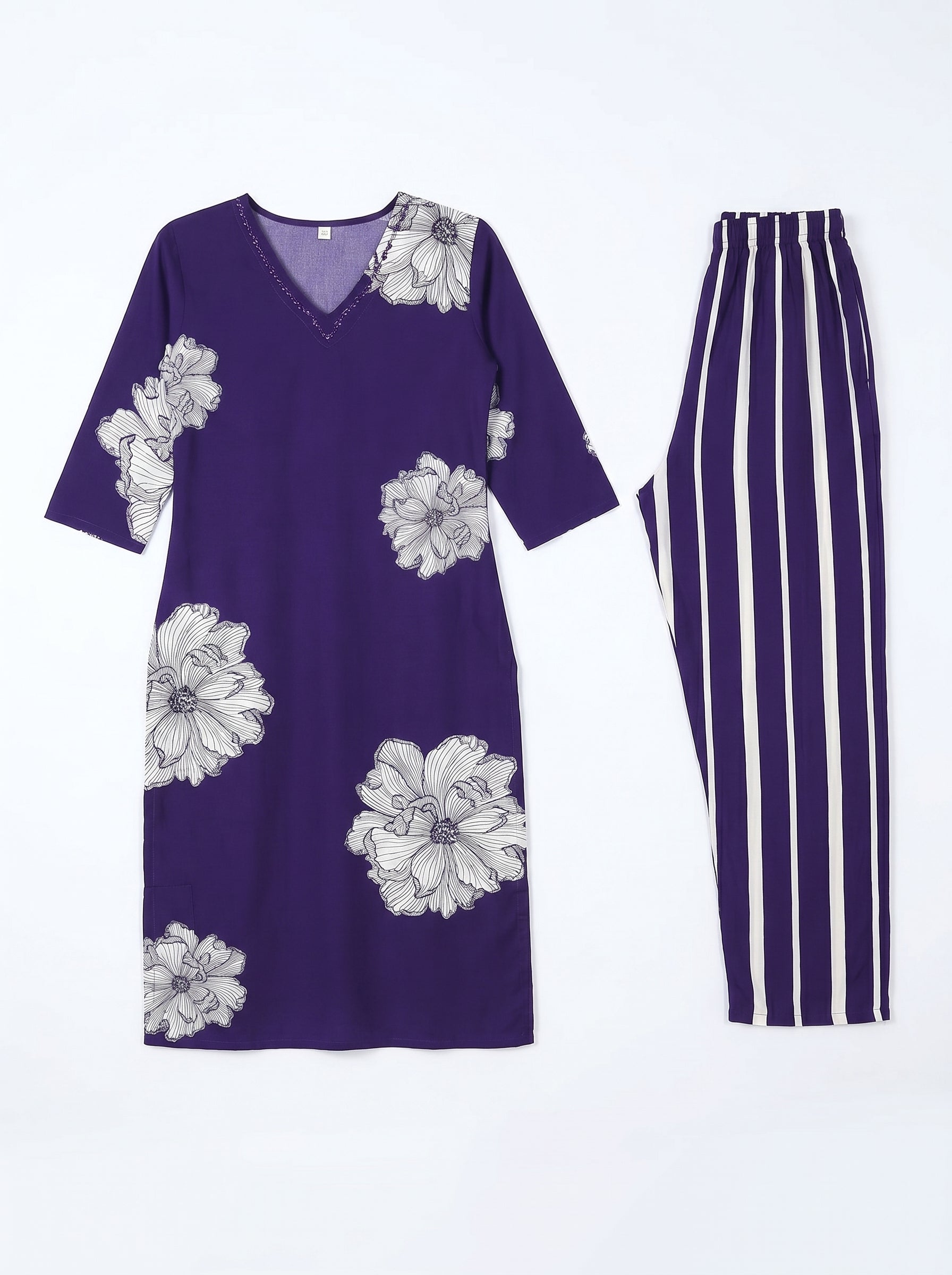 Deep Purple Rayon Floral Printed Kurti Co-Ord Set