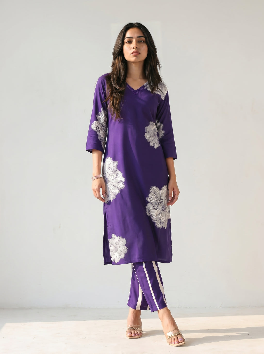 Deep Purple Rayon Floral Printed Kurti Co-Ord Set