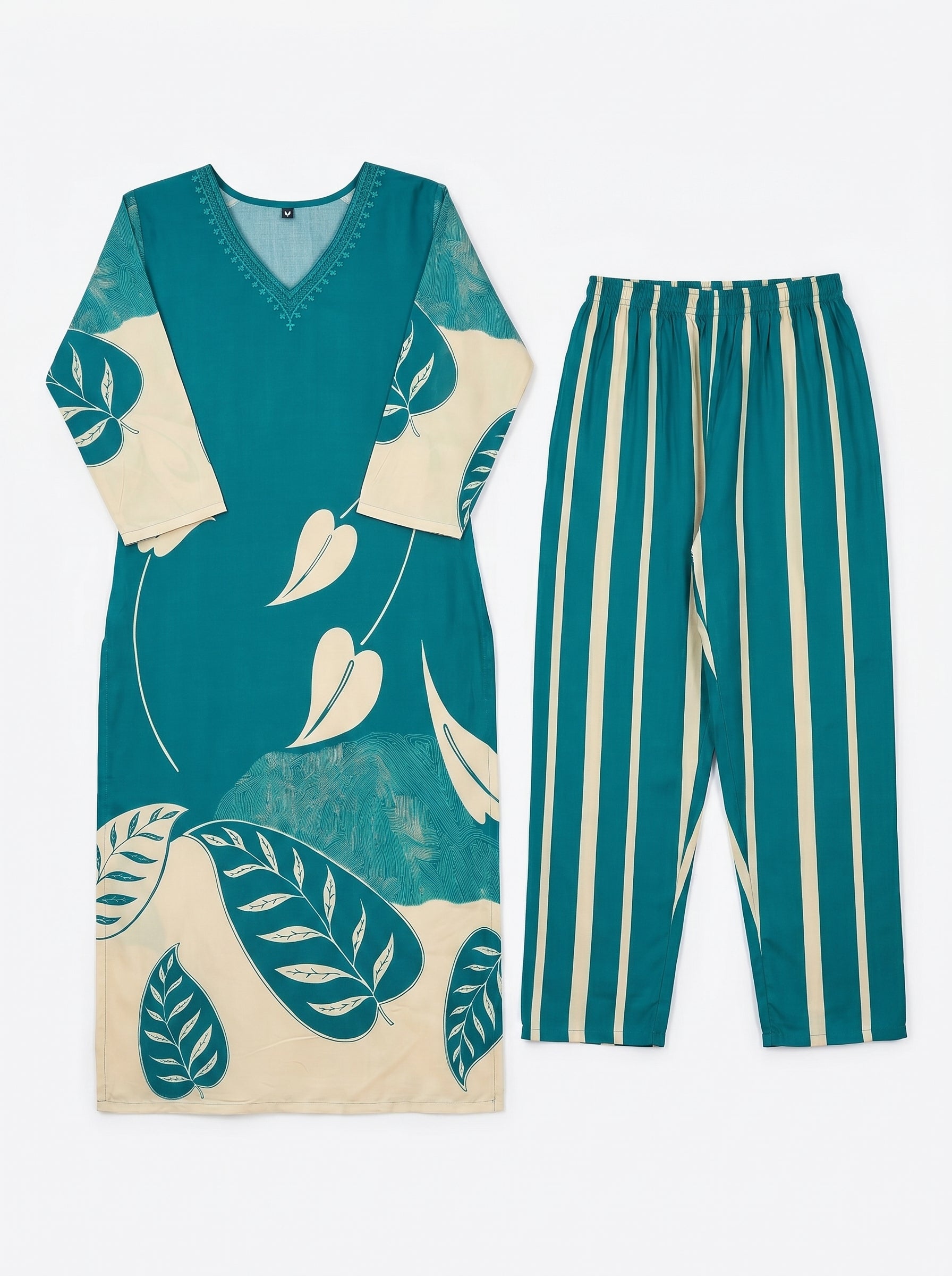 Teal Blue Rayon Floral Printed Kurti Co-Ord Set