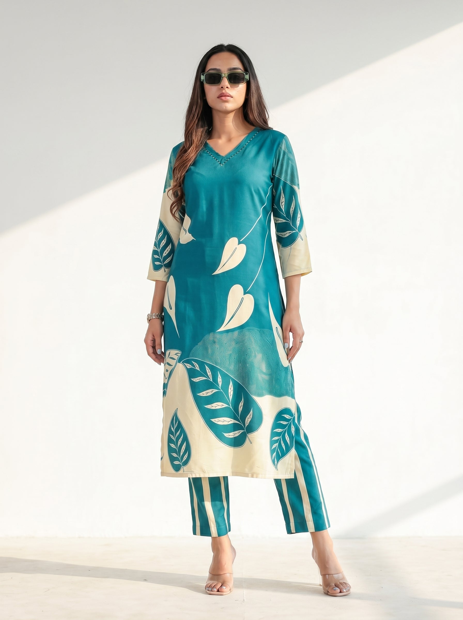 Teal Blue Rayon Floral Printed Kurti Co-Ord Set
