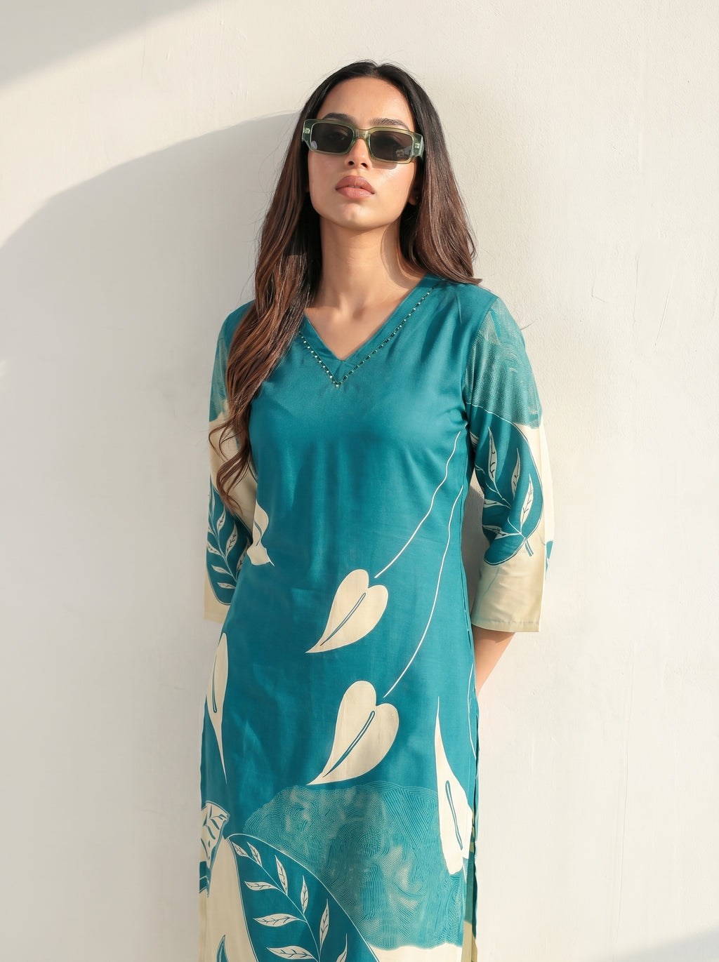 Teal Blue Rayon Floral Printed Kurti Co-Ord Set