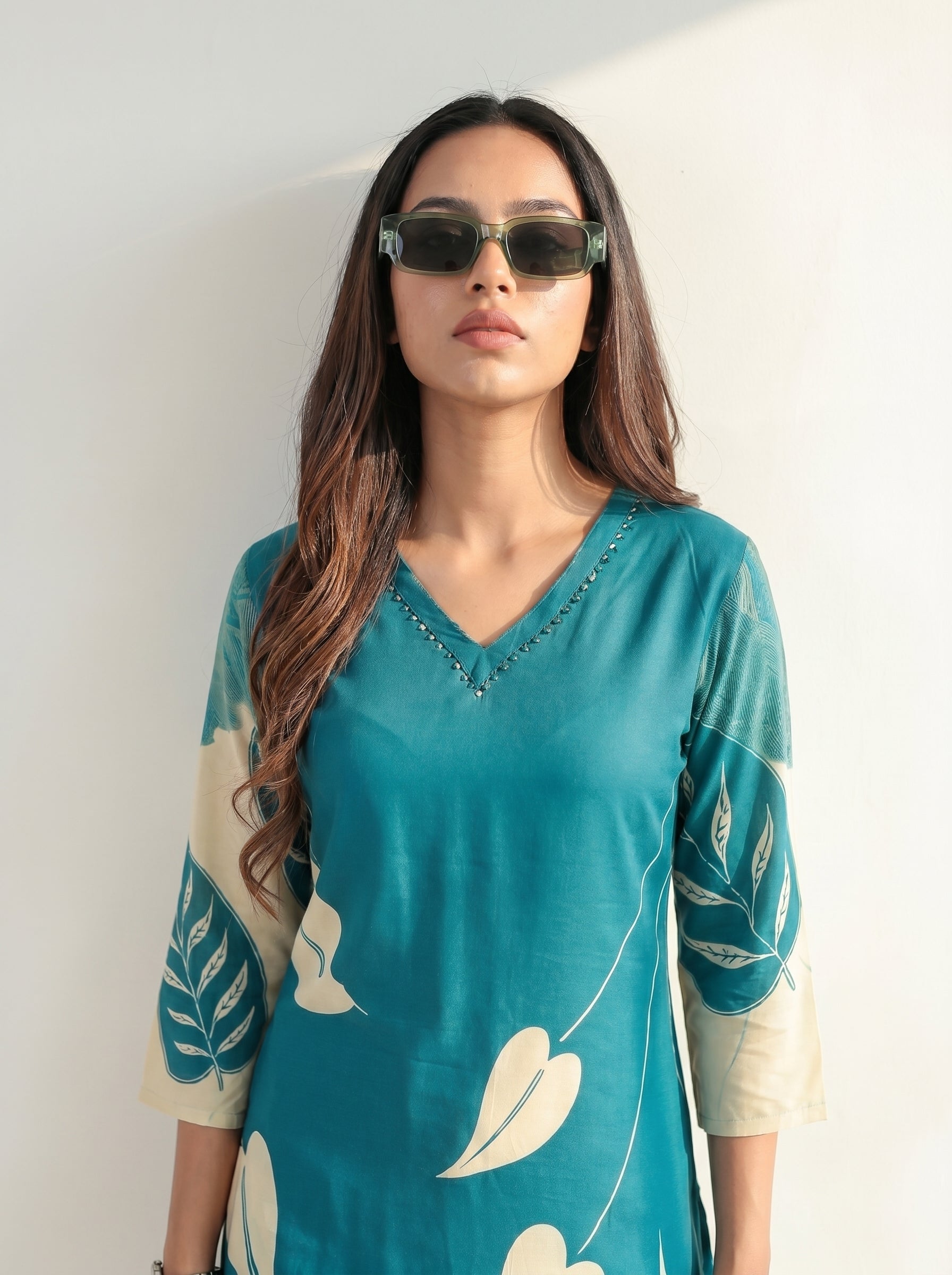 Teal Blue Rayon Floral Printed Kurti Co-Ord Set