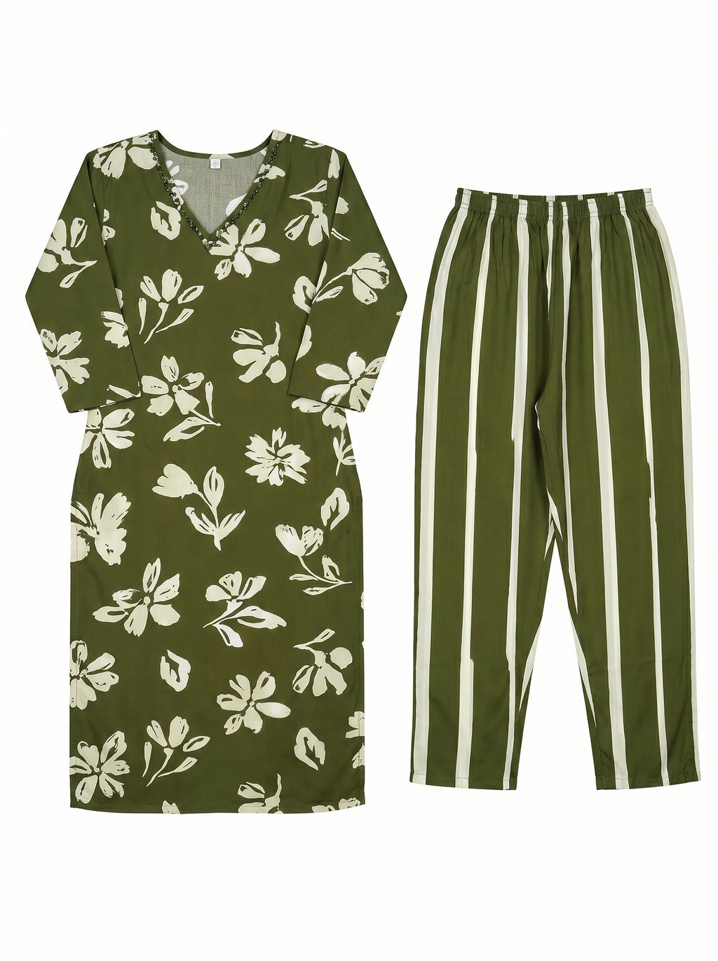 Olive Green Rayon Floral Kurti Co-Ord Set