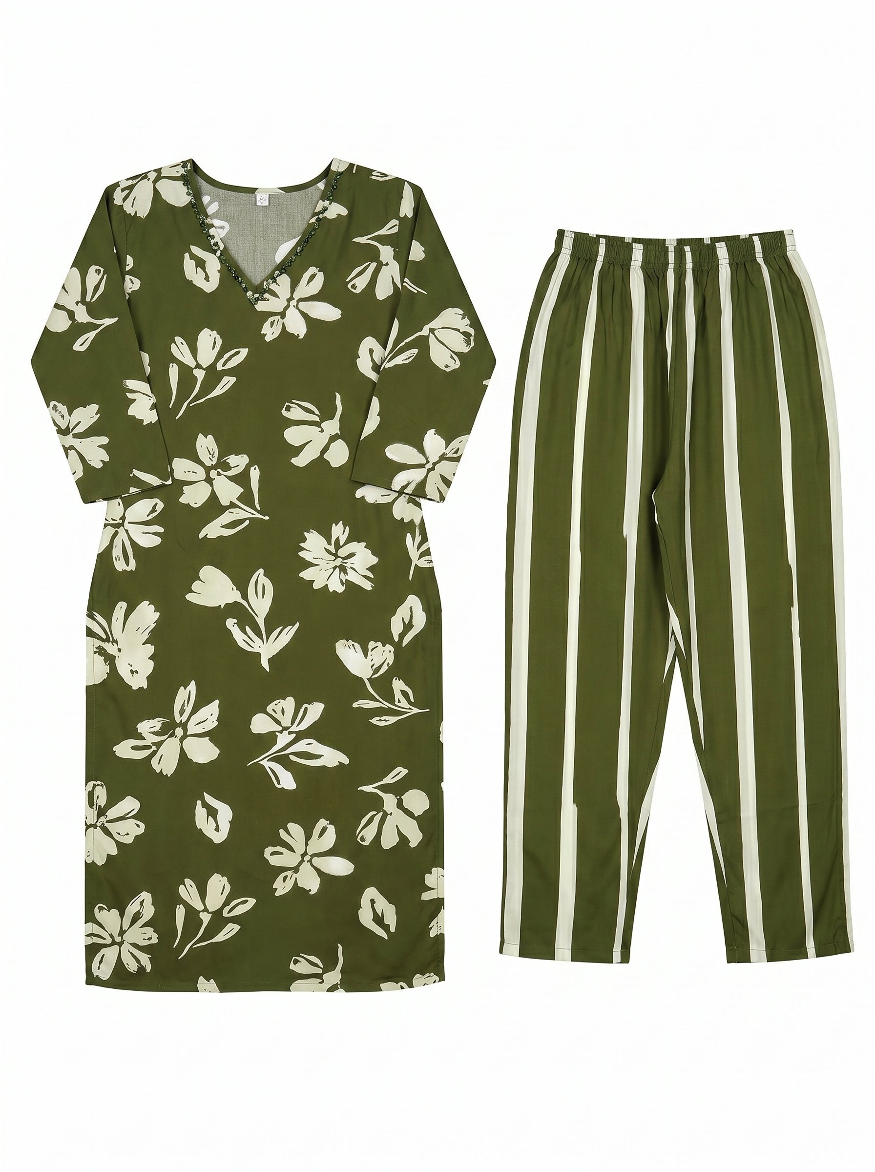 Olive Green Rayon Floral Kurti Co-Ord Set