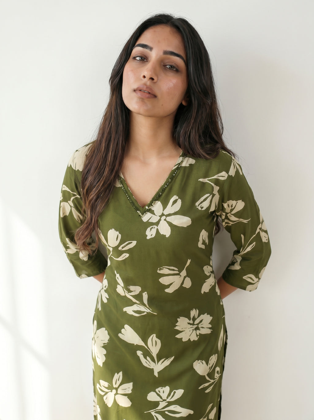 Olive Green Rayon Floral Kurti Co-Ord Set