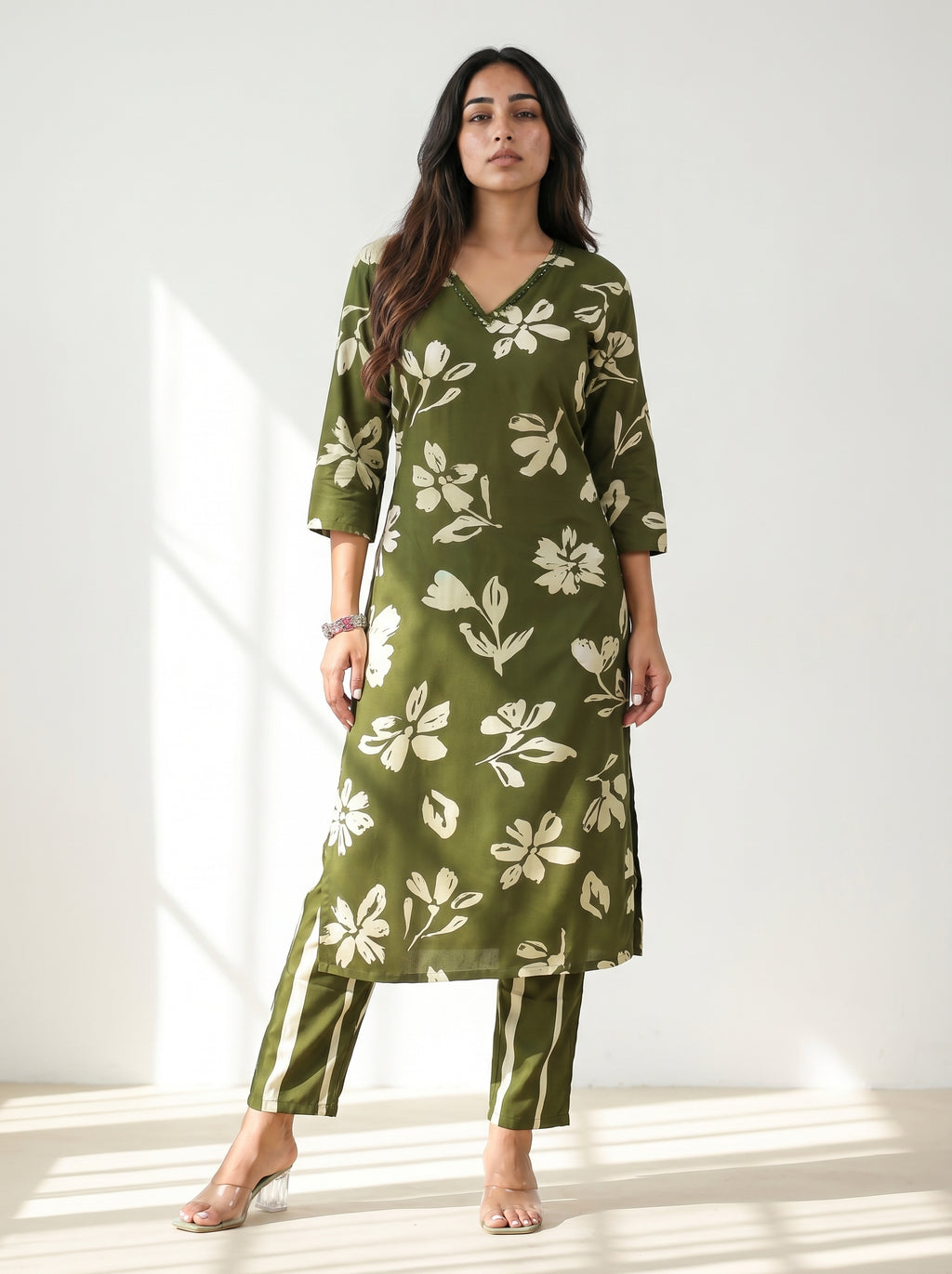 Olive Green Rayon Floral Kurti Co-Ord Set
