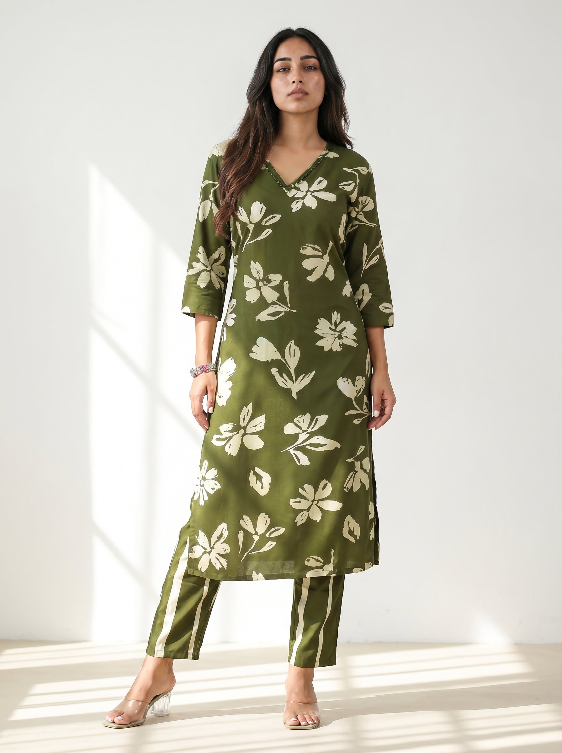 Olive Green Rayon Floral Kurti Co-Ord Set