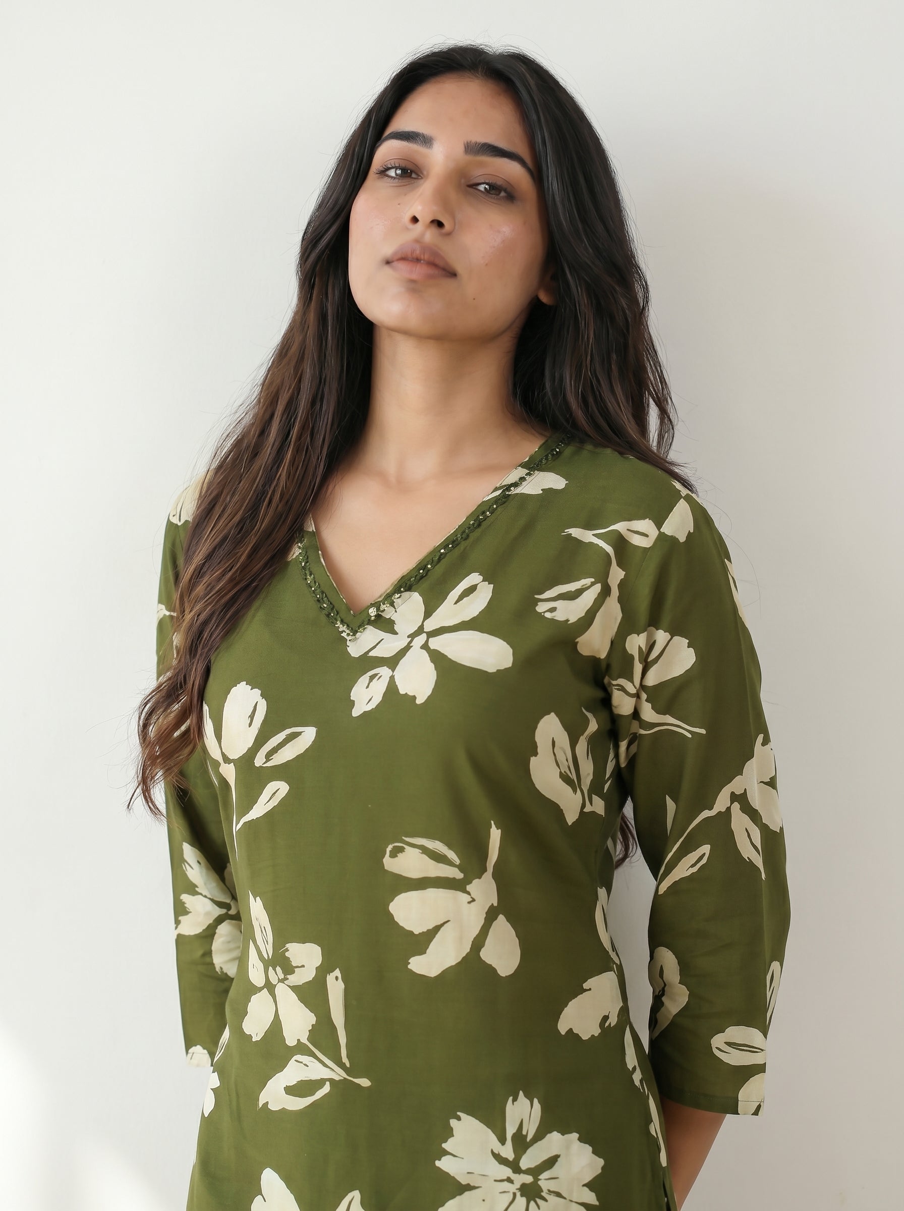 Olive Green Rayon Floral Kurti Co-Ord Set