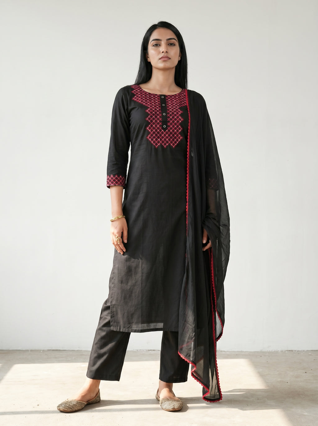 Black Cotton Embroidered Kurti with Pant and Dupatta