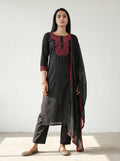 Black Cotton Embroidered Kurti with Pant and Dupatta