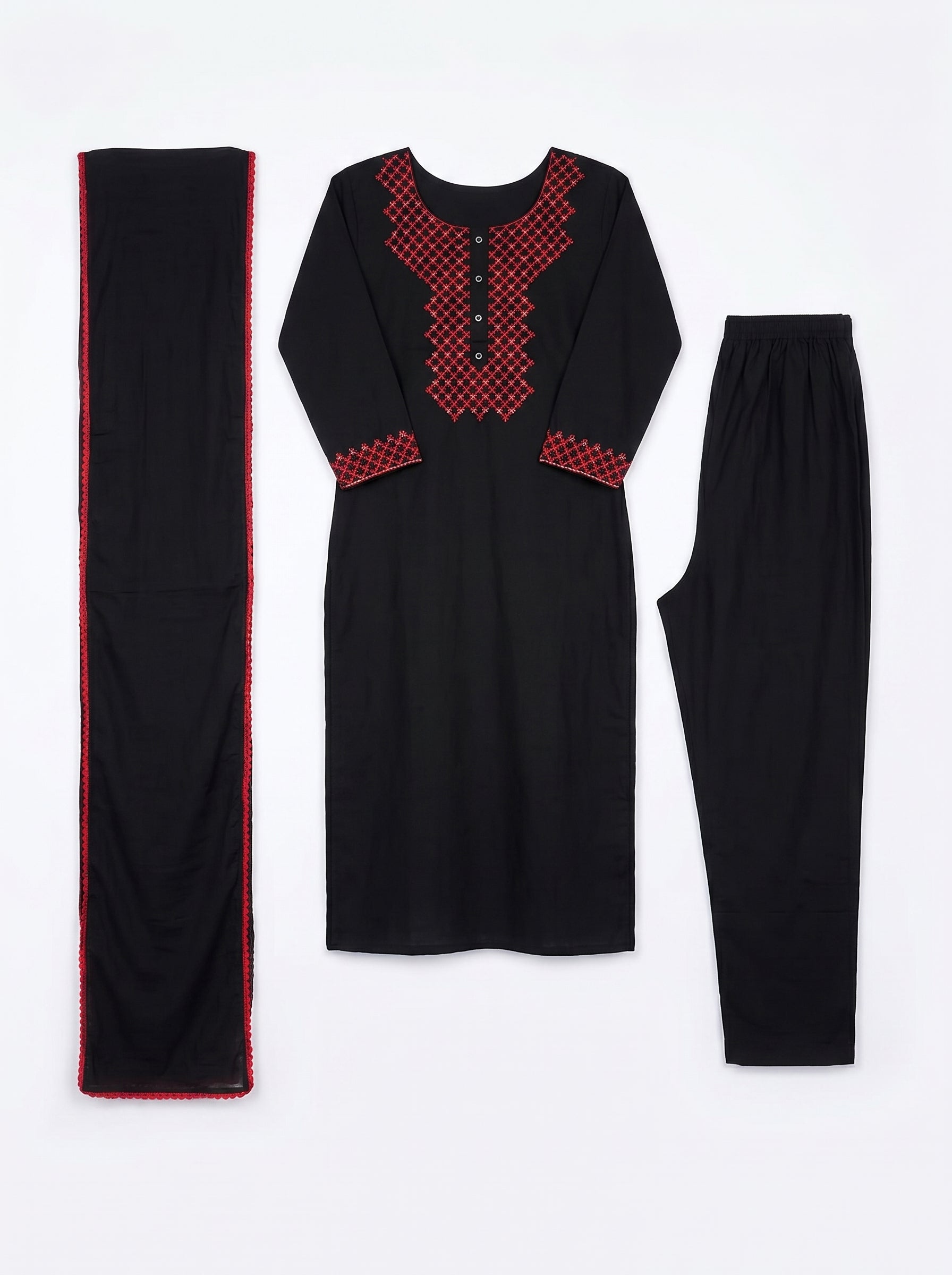 Black Cotton Embroidered Kurti with Pant and Dupatta