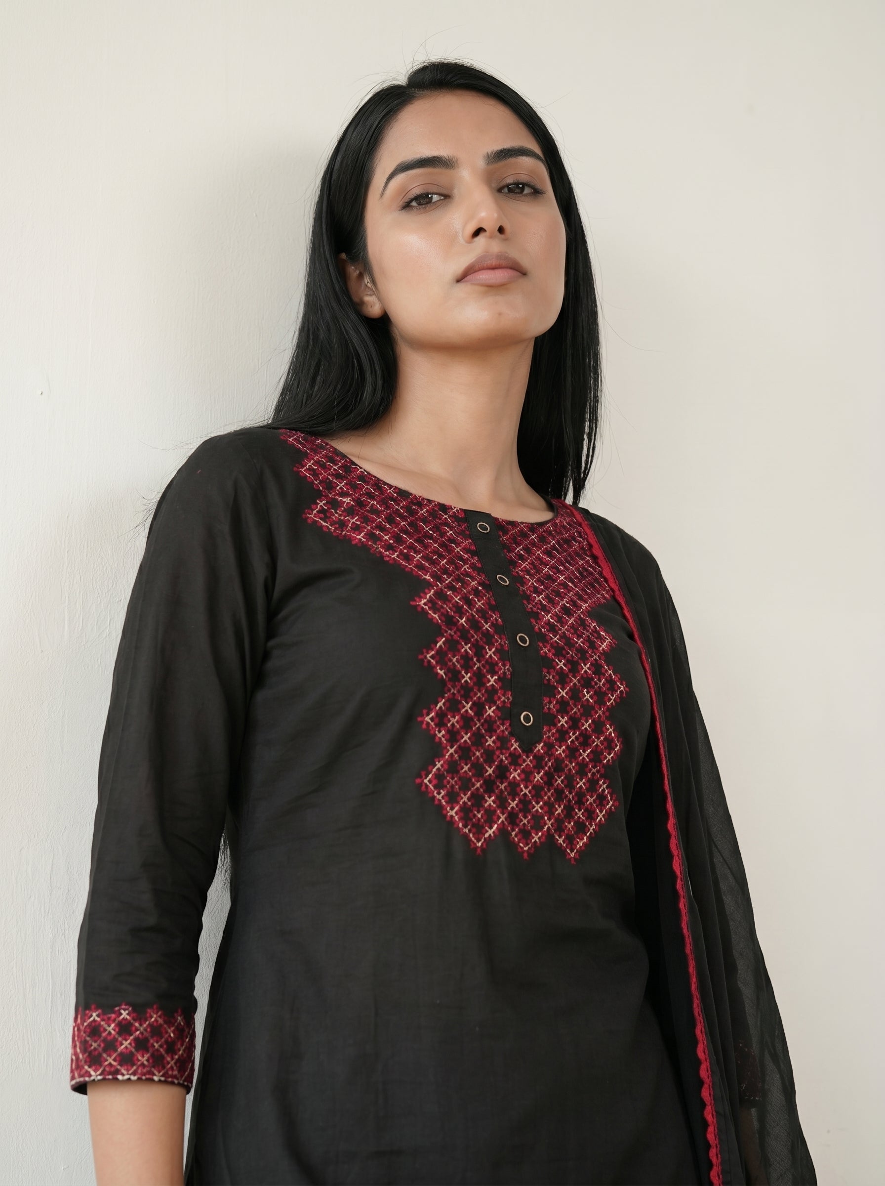 Black Cotton Embroidered Kurti with Pant and Dupatta