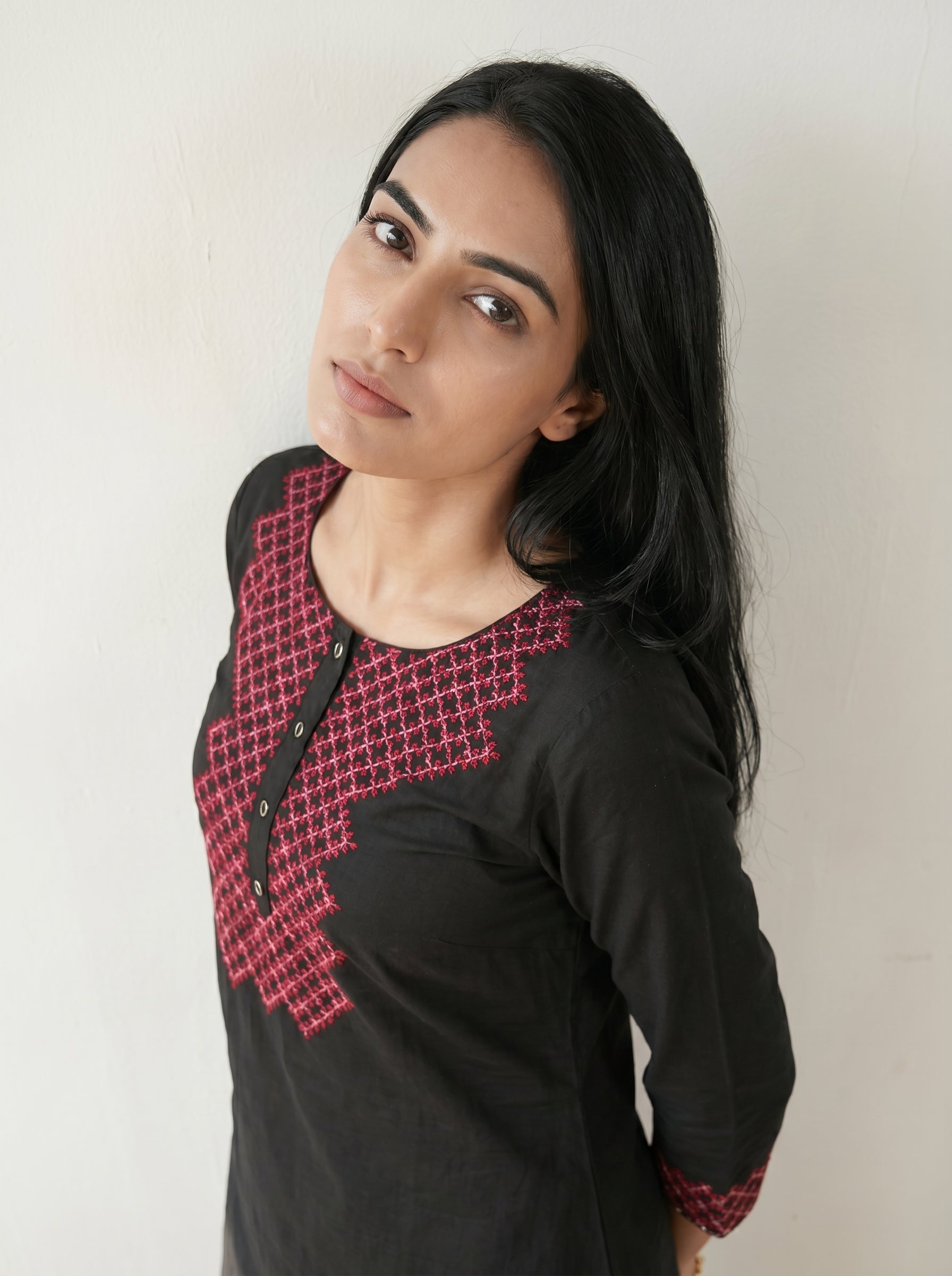 Black Cotton Embroidered Kurti with Pant and Dupatta