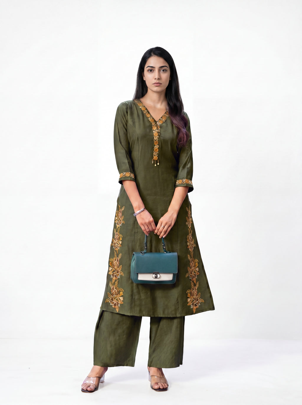 Mehndi Green Viscose Embroidery Kurti Co-Ord Set