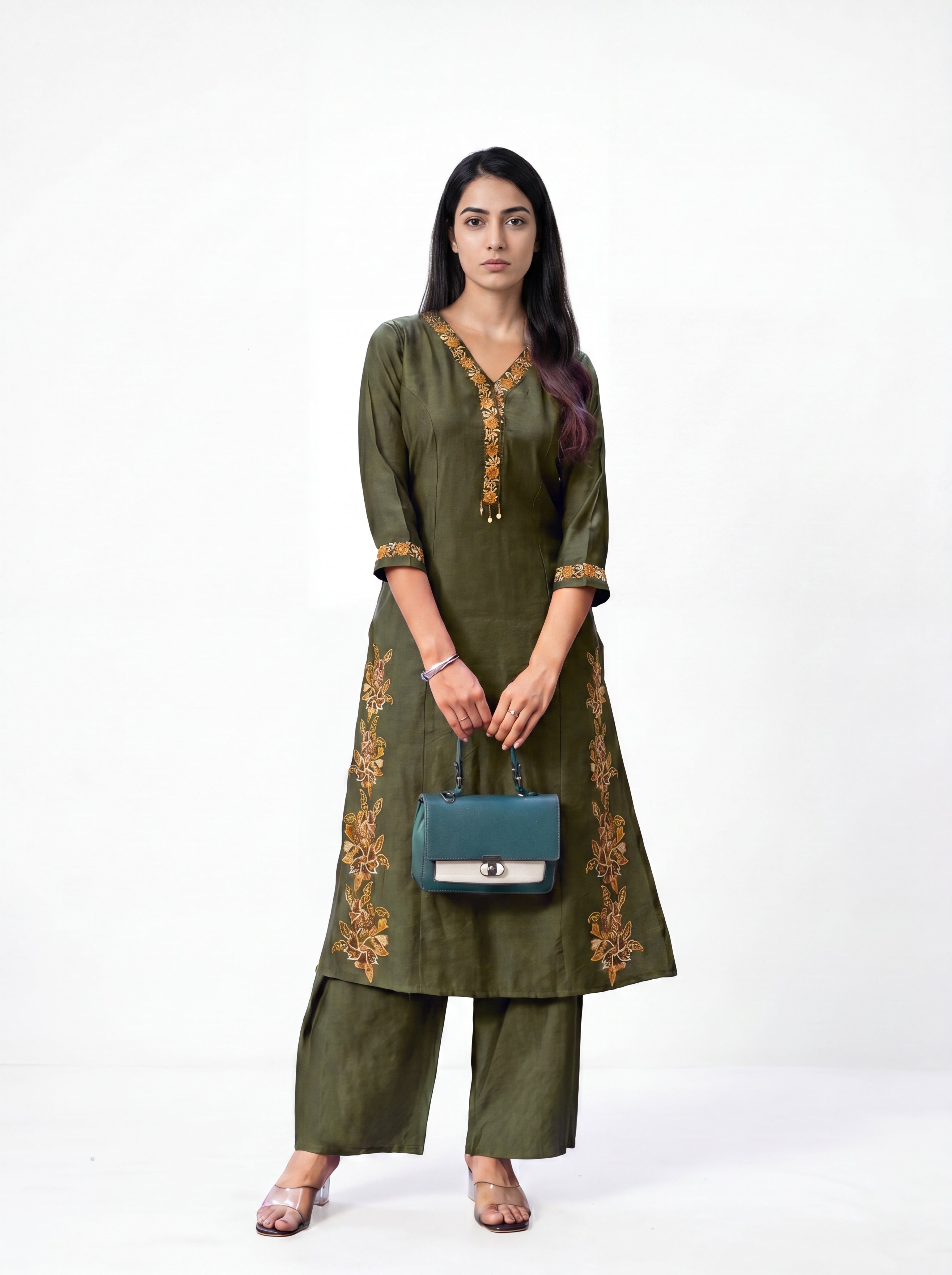 Mehndi Green Viscose Embroidery Kurti Co-Ord Set
