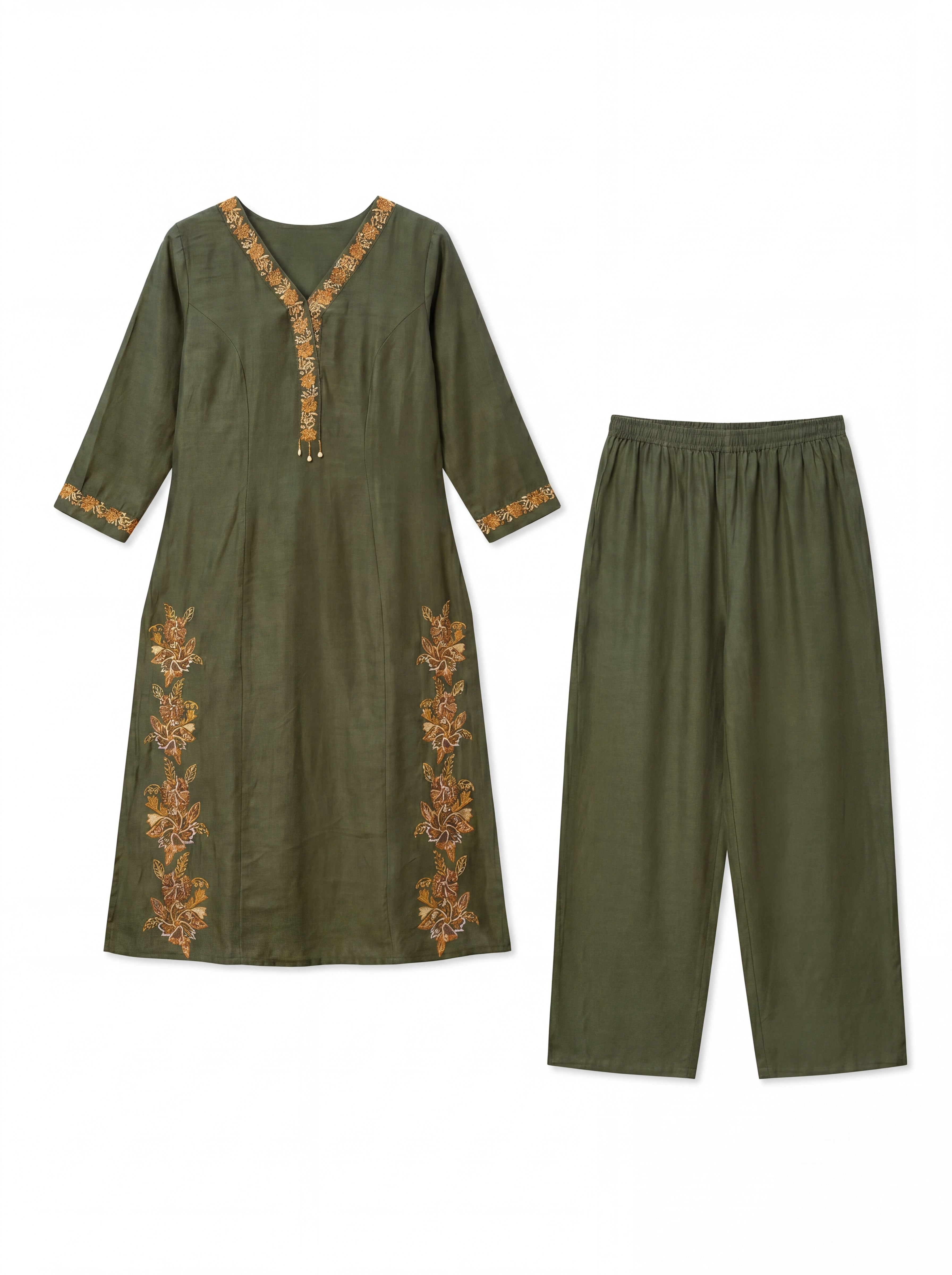 Mehndi Green Viscose Embroidery Kurti Co-Ord Set