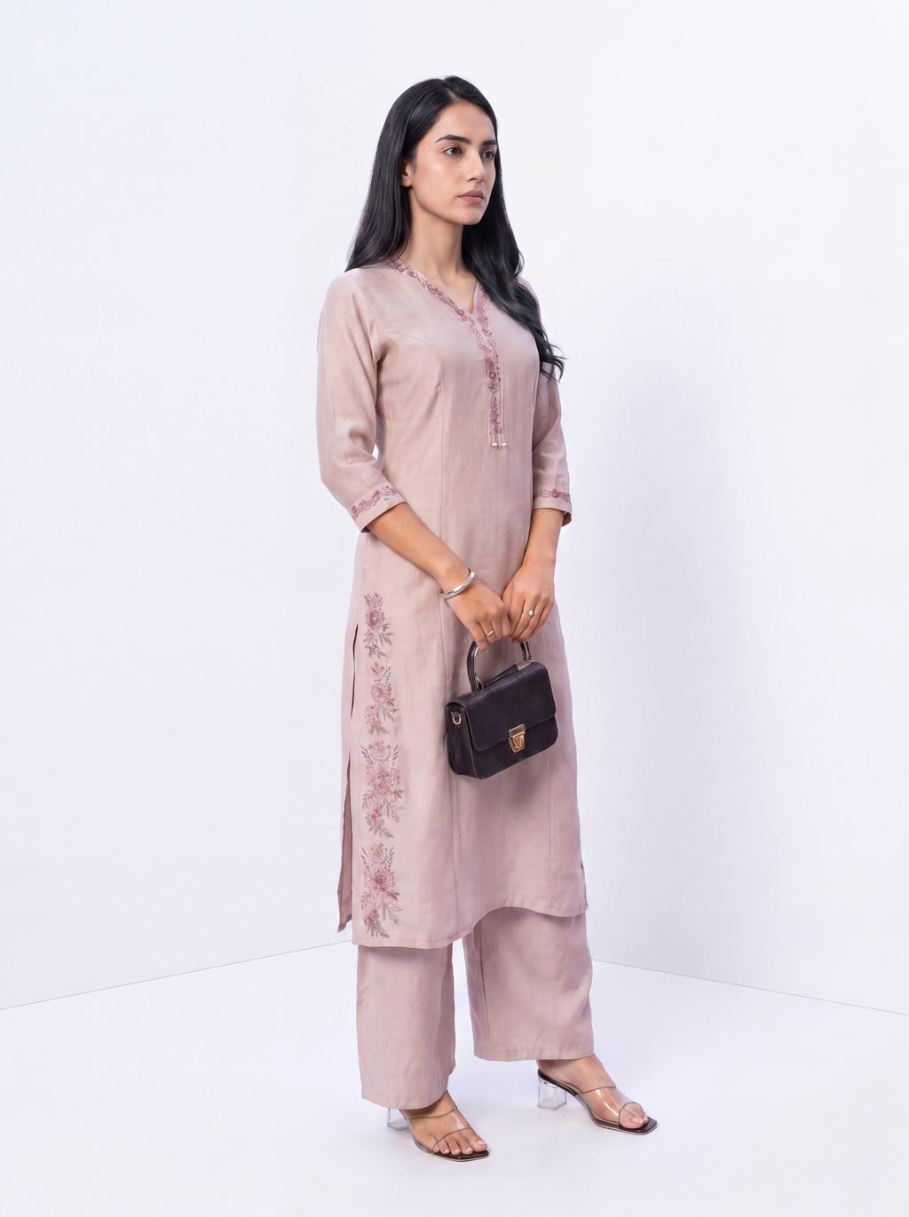 Light Taupe Viscose Embroidery Kurt Co-Ord Set