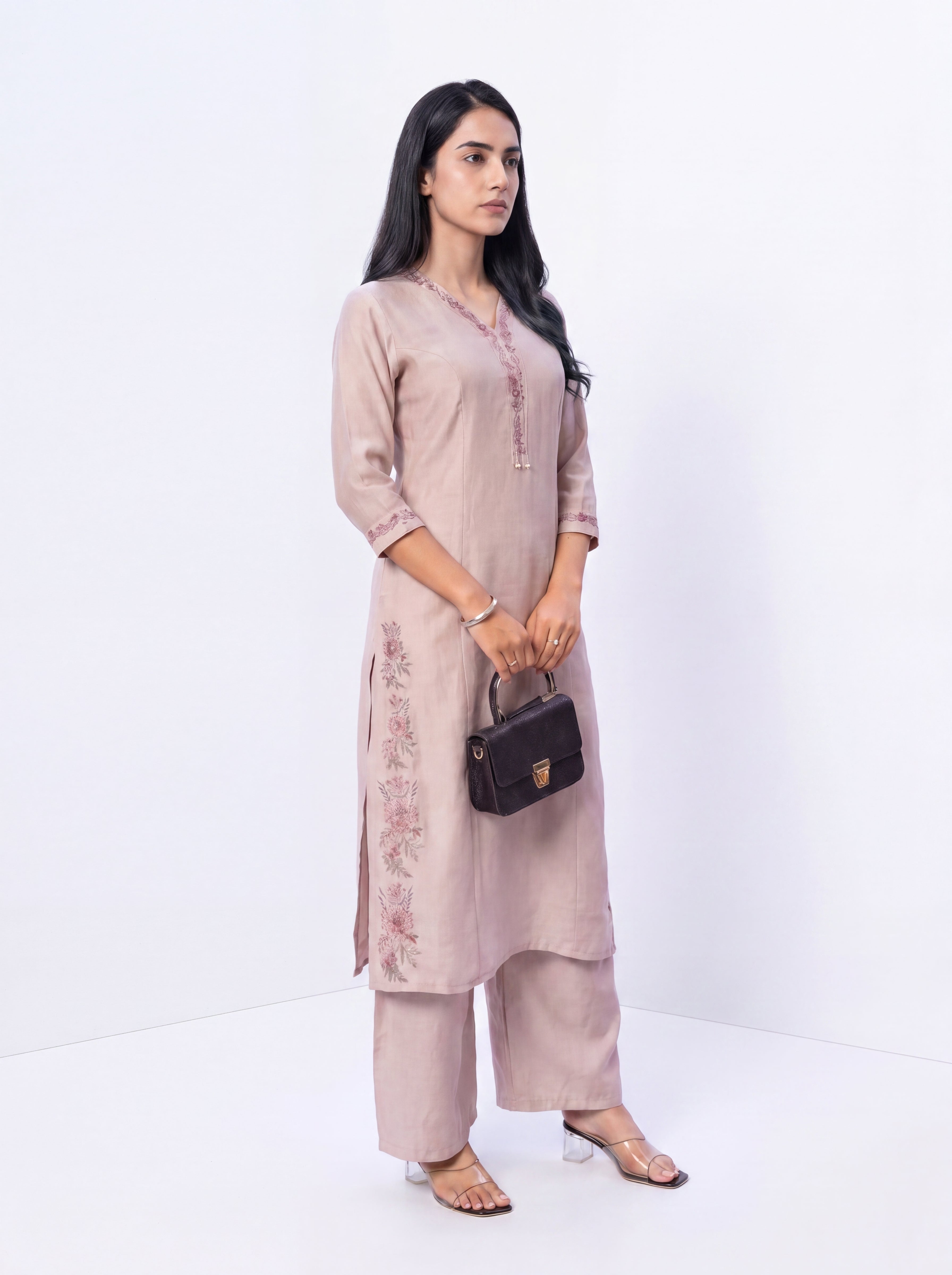 Light Taupe Viscose Embroidery Kurt Co-Ord Set