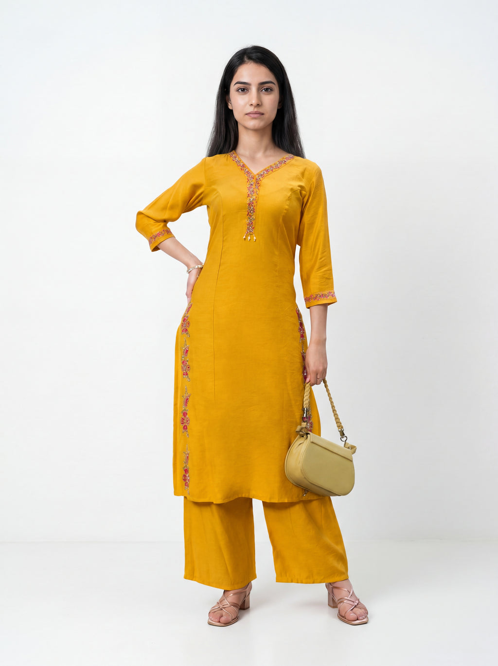 Mustard Yellow Viscose Embroidery Kurti Co-Ord Set