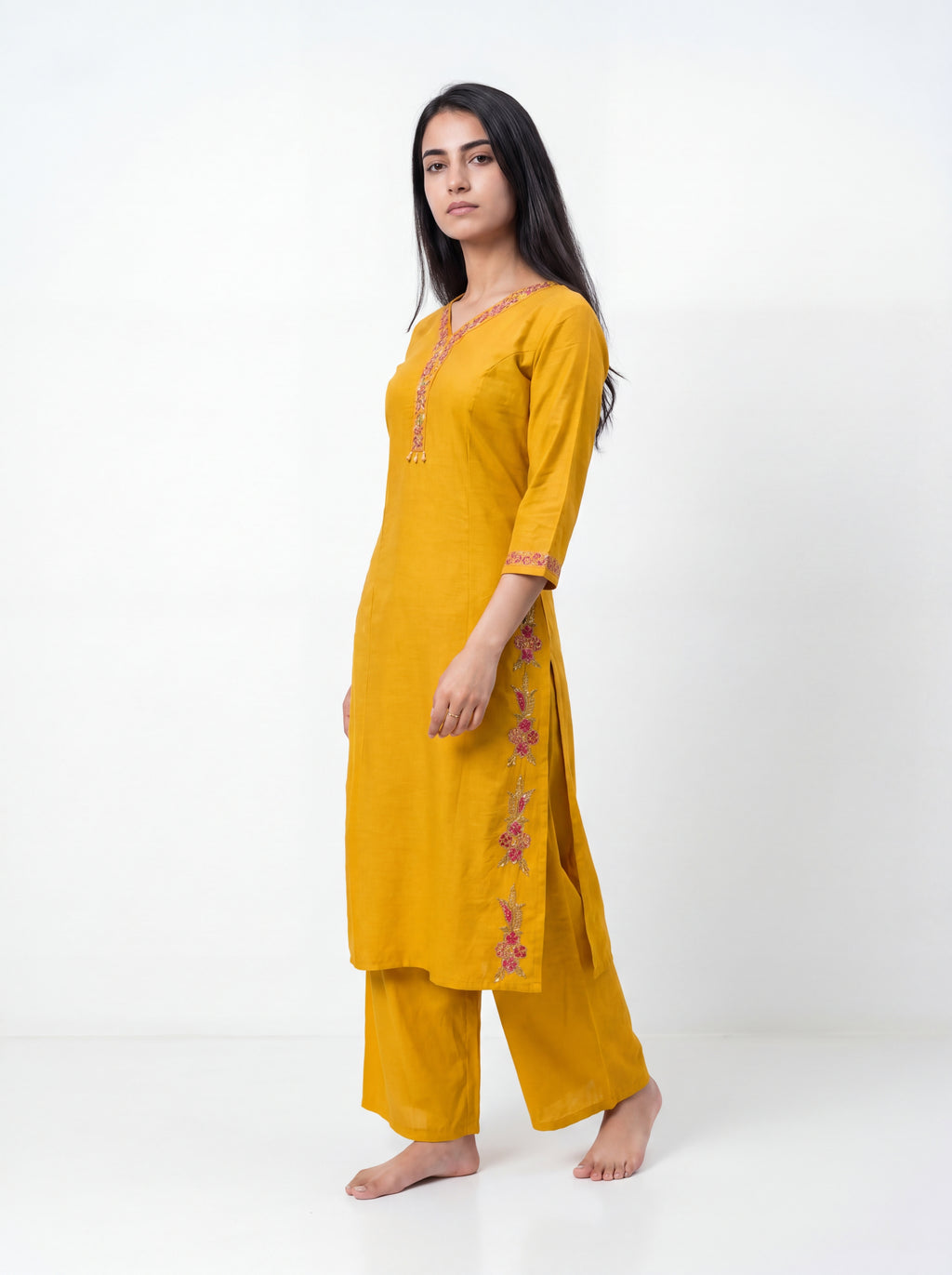 Mustard Yellow Viscose Embroidery Kurti Co-Ord Set