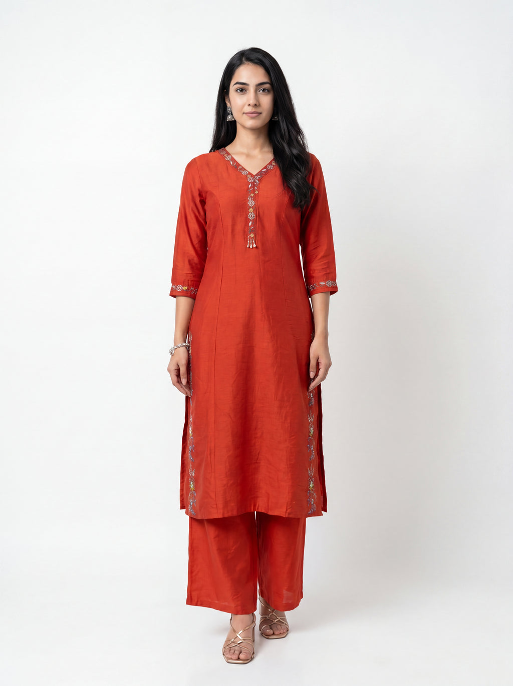 Rust Red Viscose Embroidery Kurti Co-Ord Set