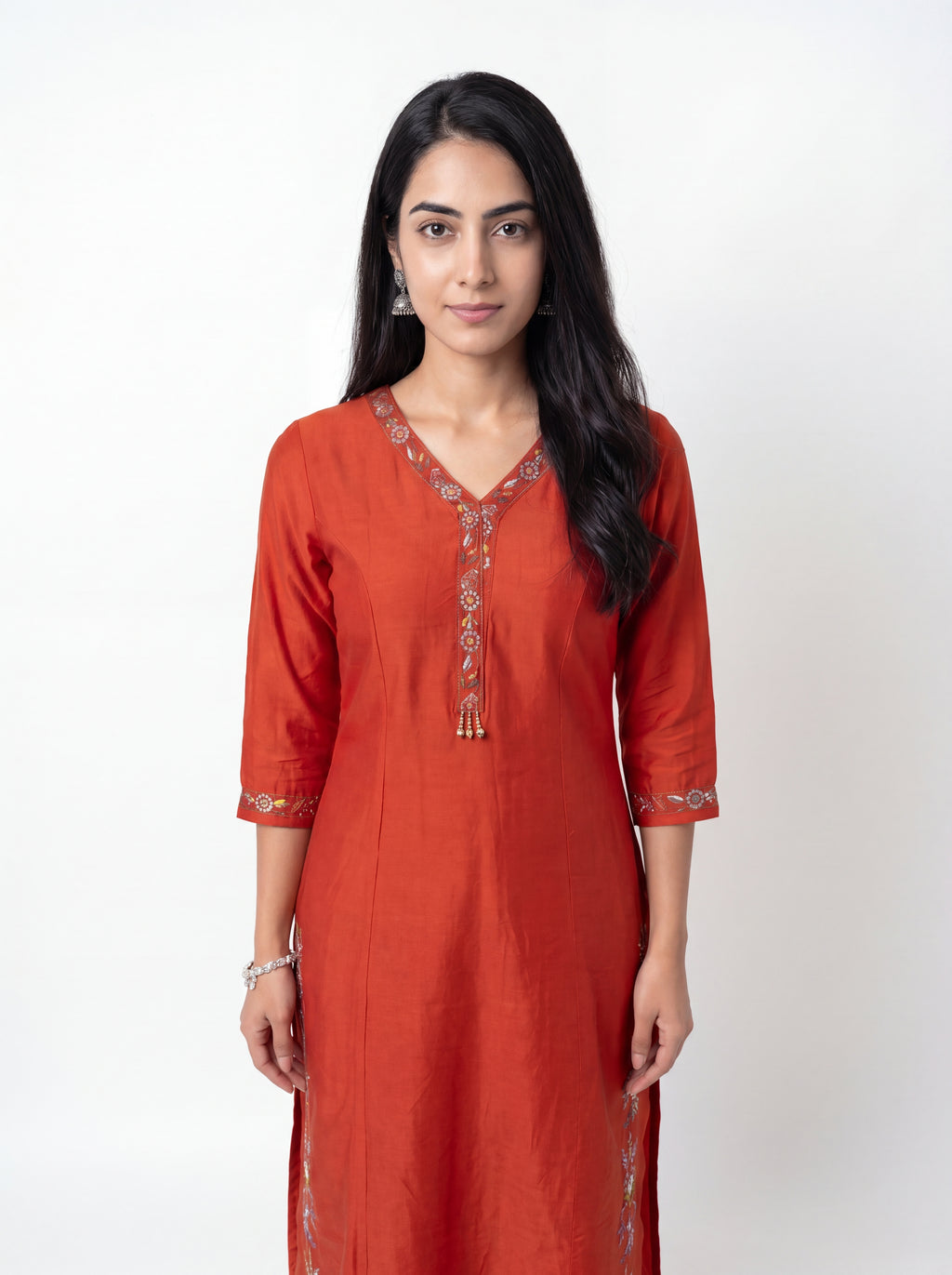 Rust Red Viscose Embroidery Kurti Co-Ord Set