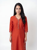 Rust Red Viscose Embroidery Kurti Co-Ord Set