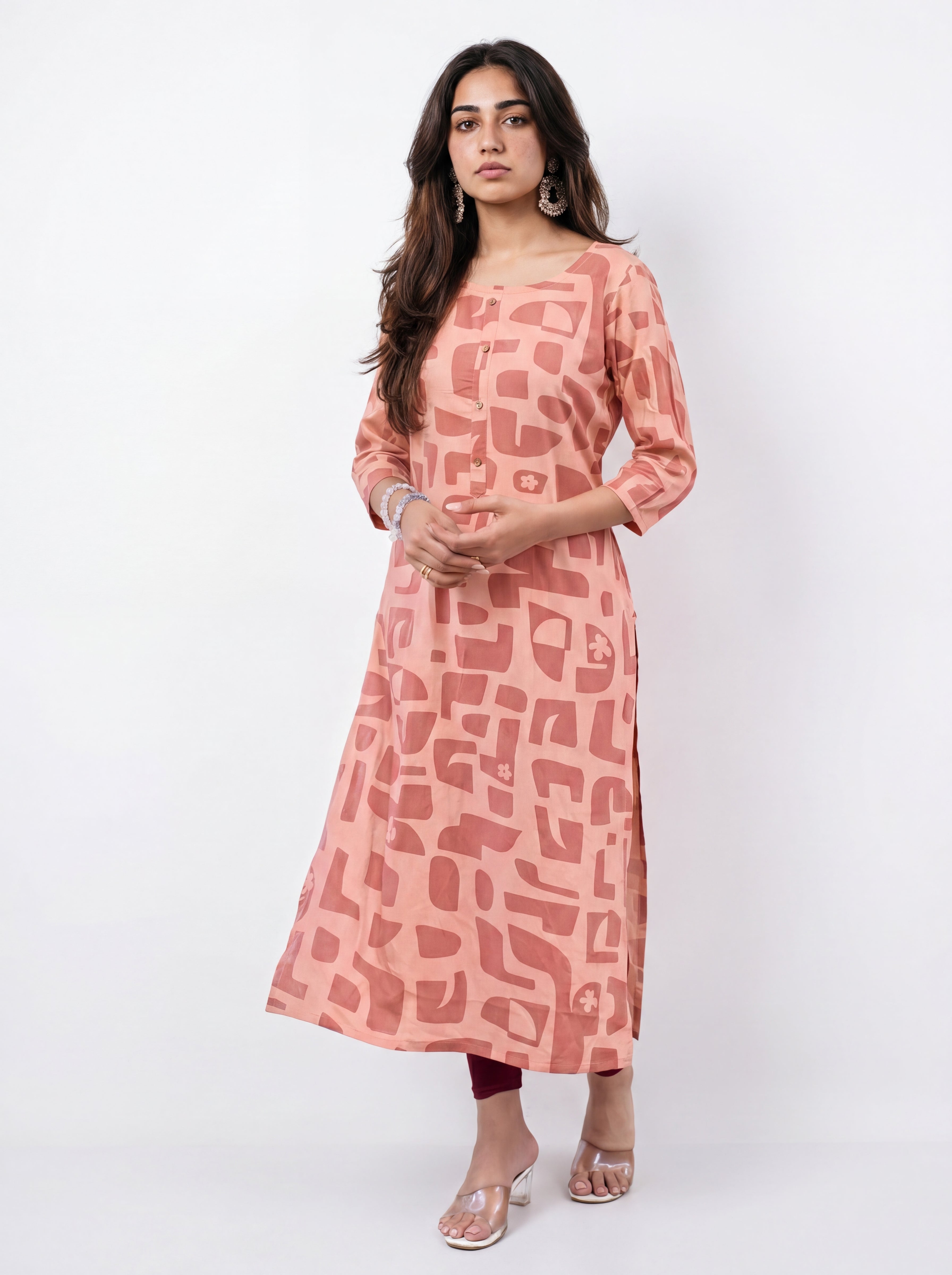 Peach Rayon Printed Straight-Cut Kurti