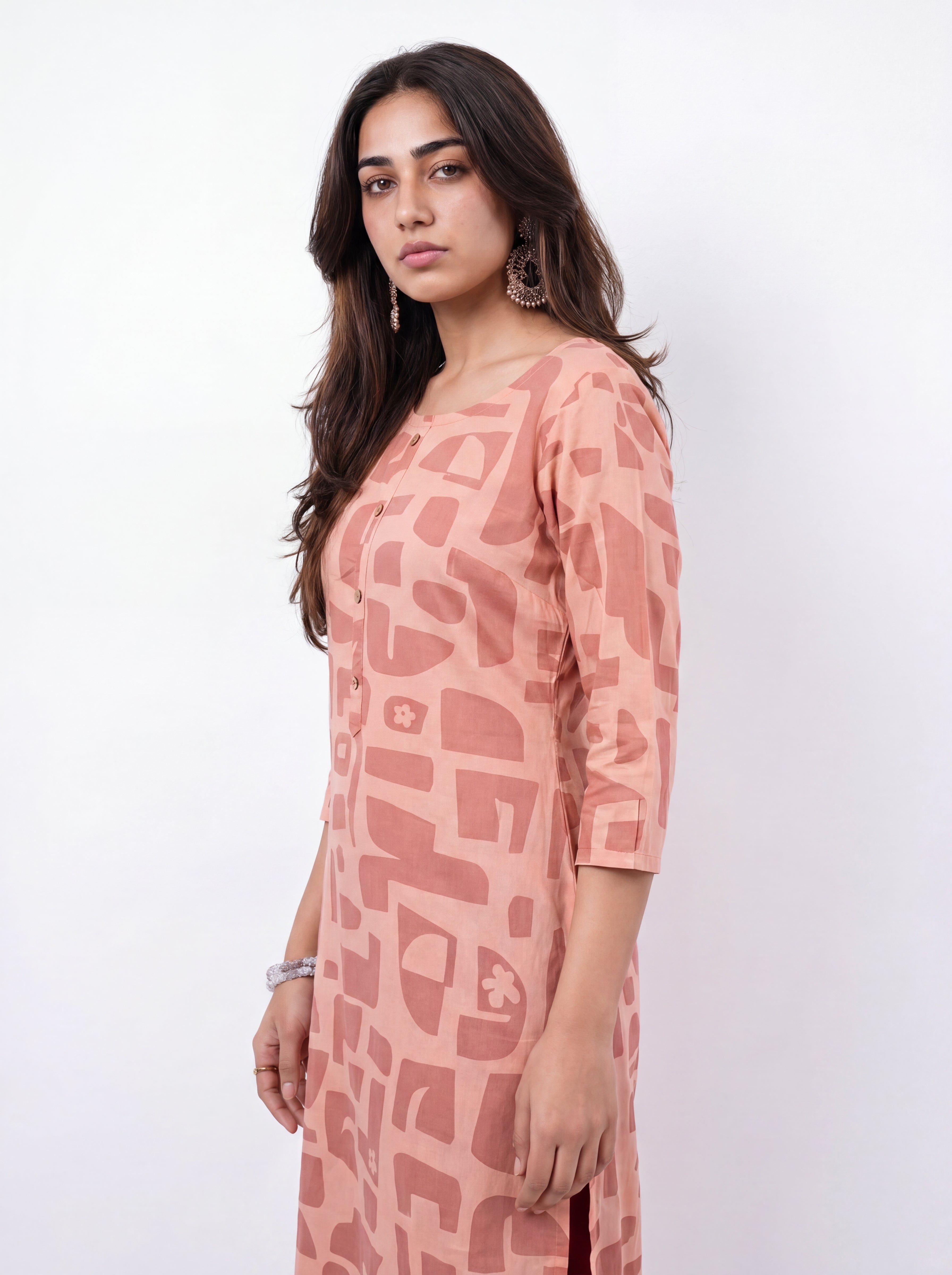 Peach Rayon Printed Straight-Cut Kurti