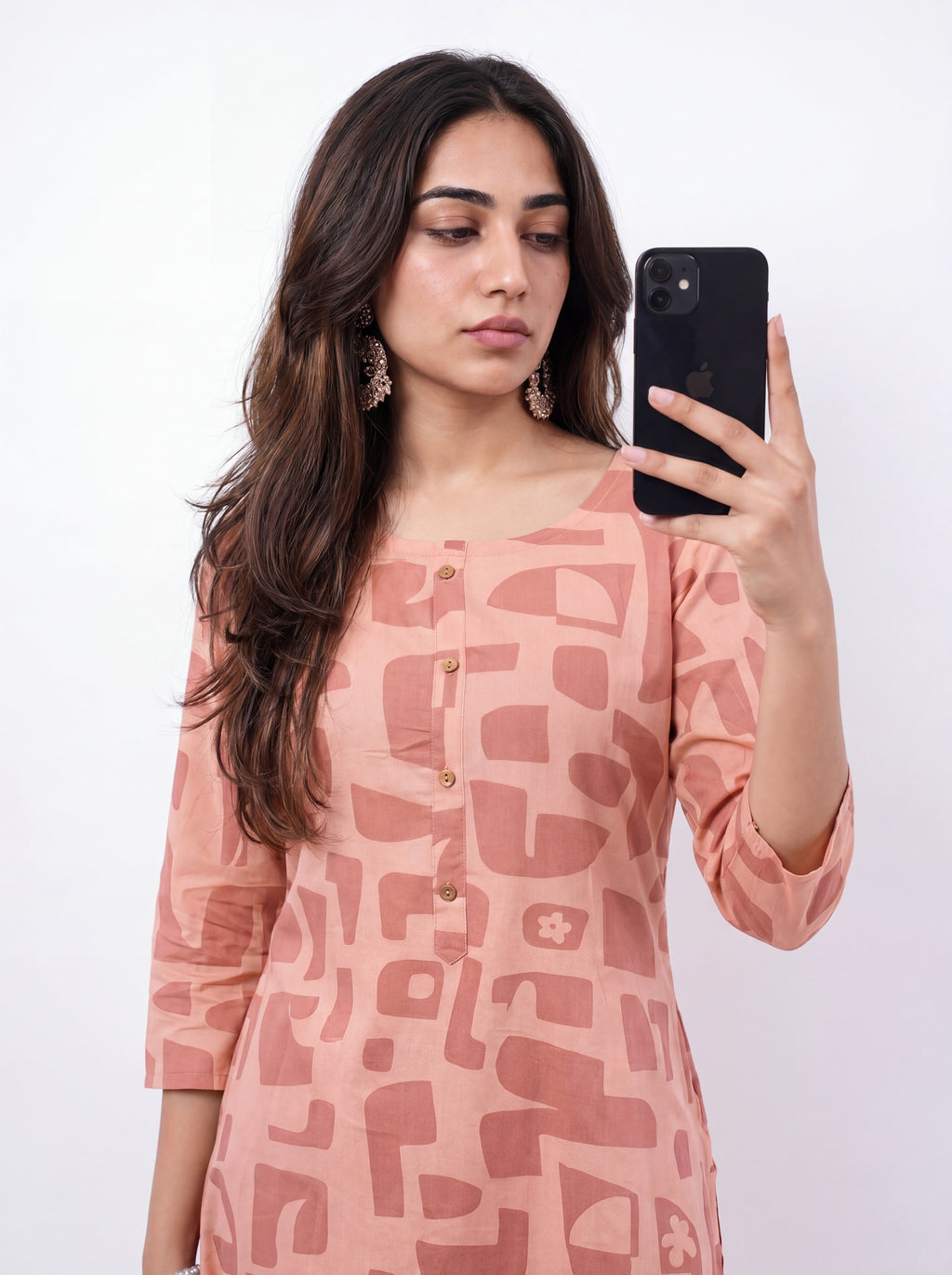 Peach Rayon Printed Straight-Cut Kurti