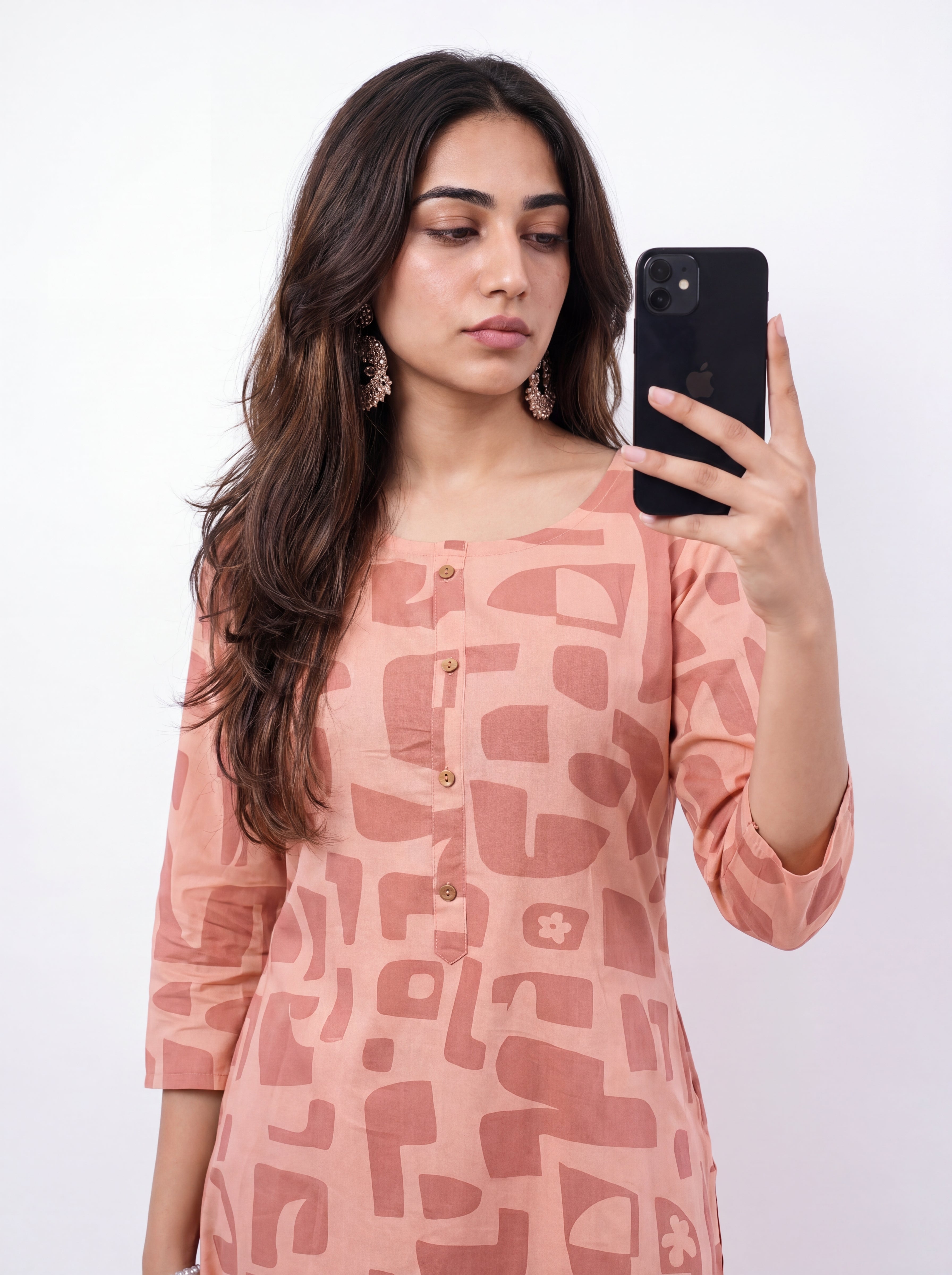 Peach Rayon Printed Straight-Cut Kurti