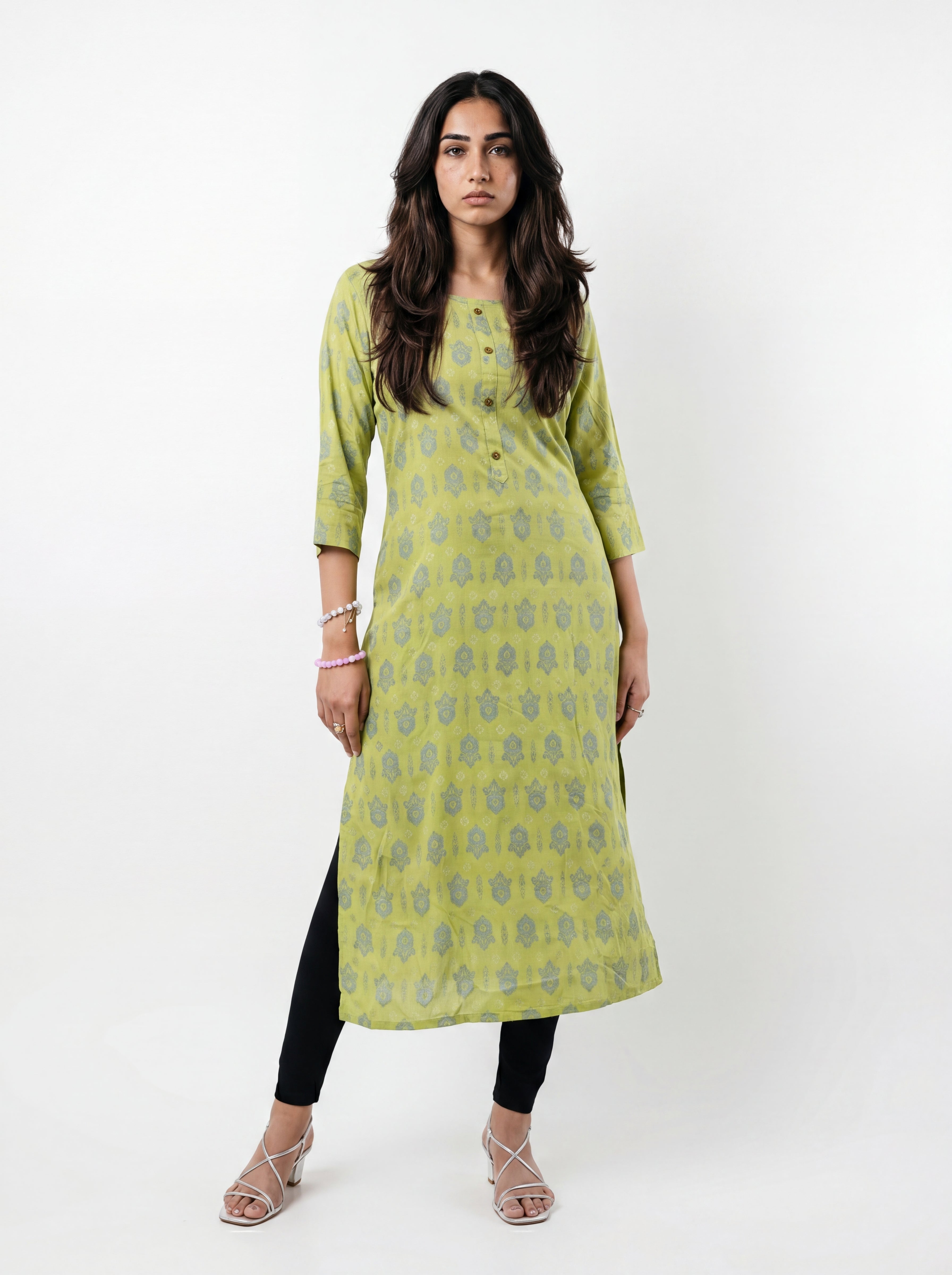 Green Rayon Printed Straight-Cut Kurti