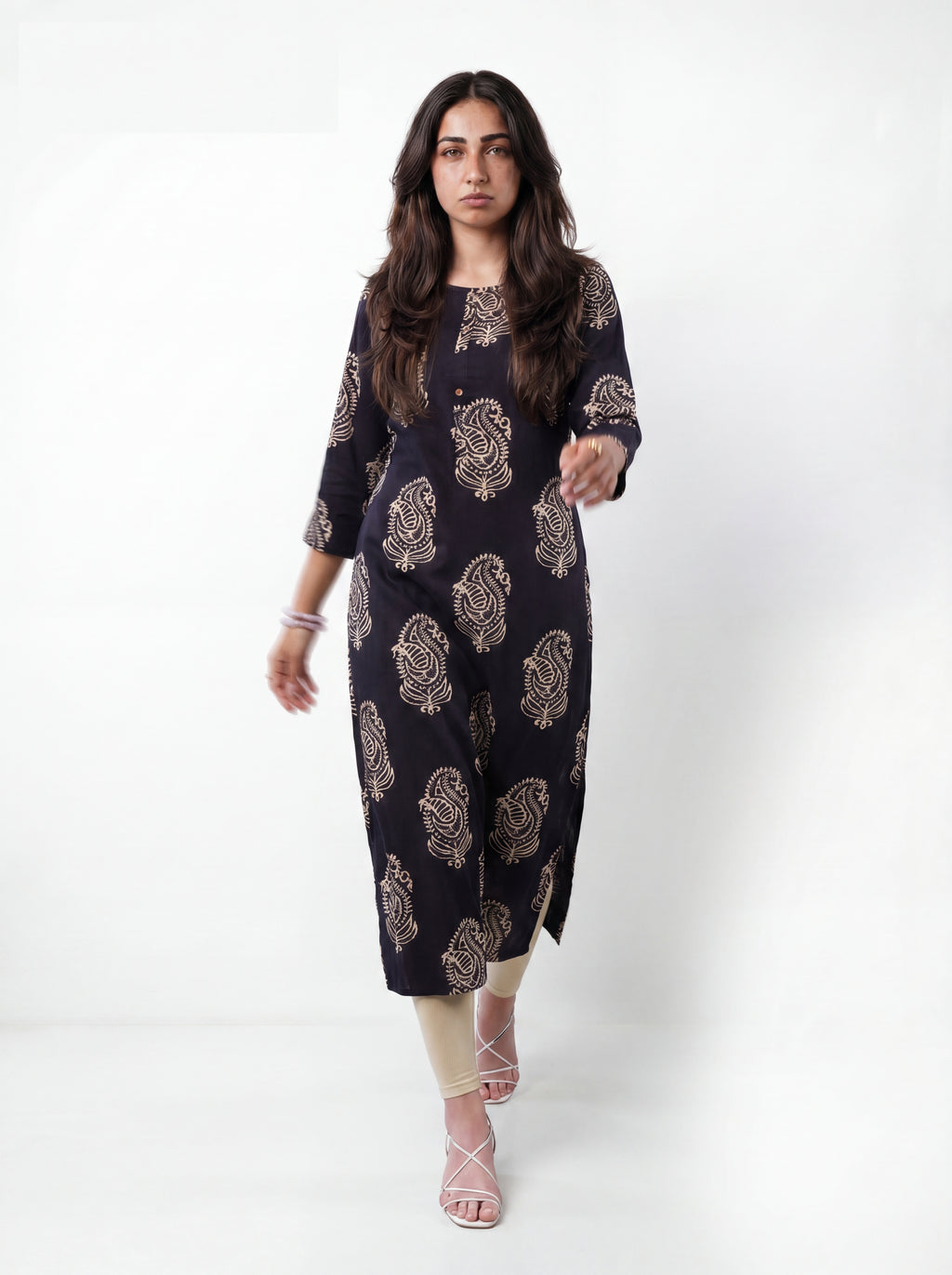Black Rayon Printed Straight-Cut Kurti