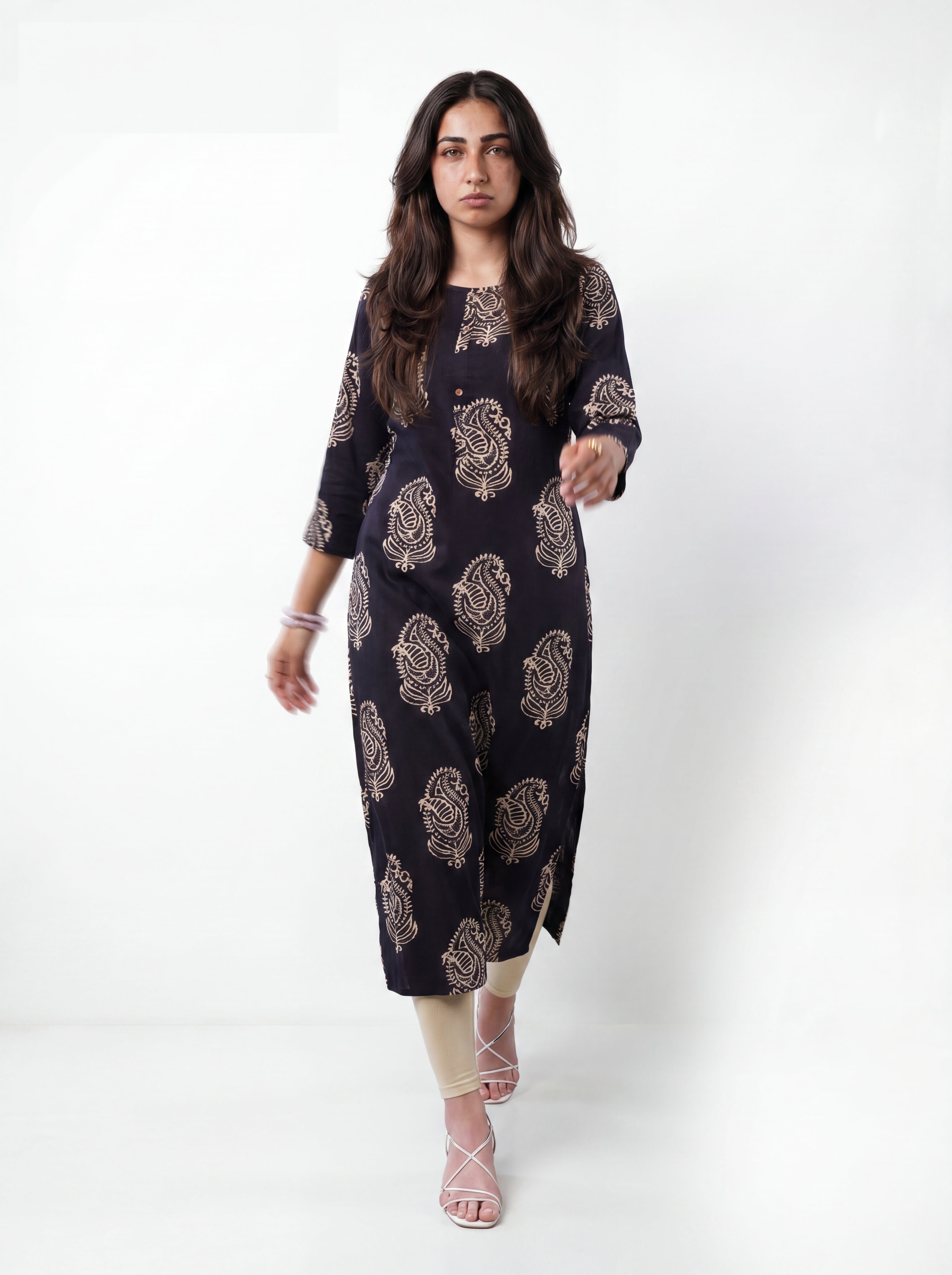 Black Rayon Printed Straight-Cut Kurti