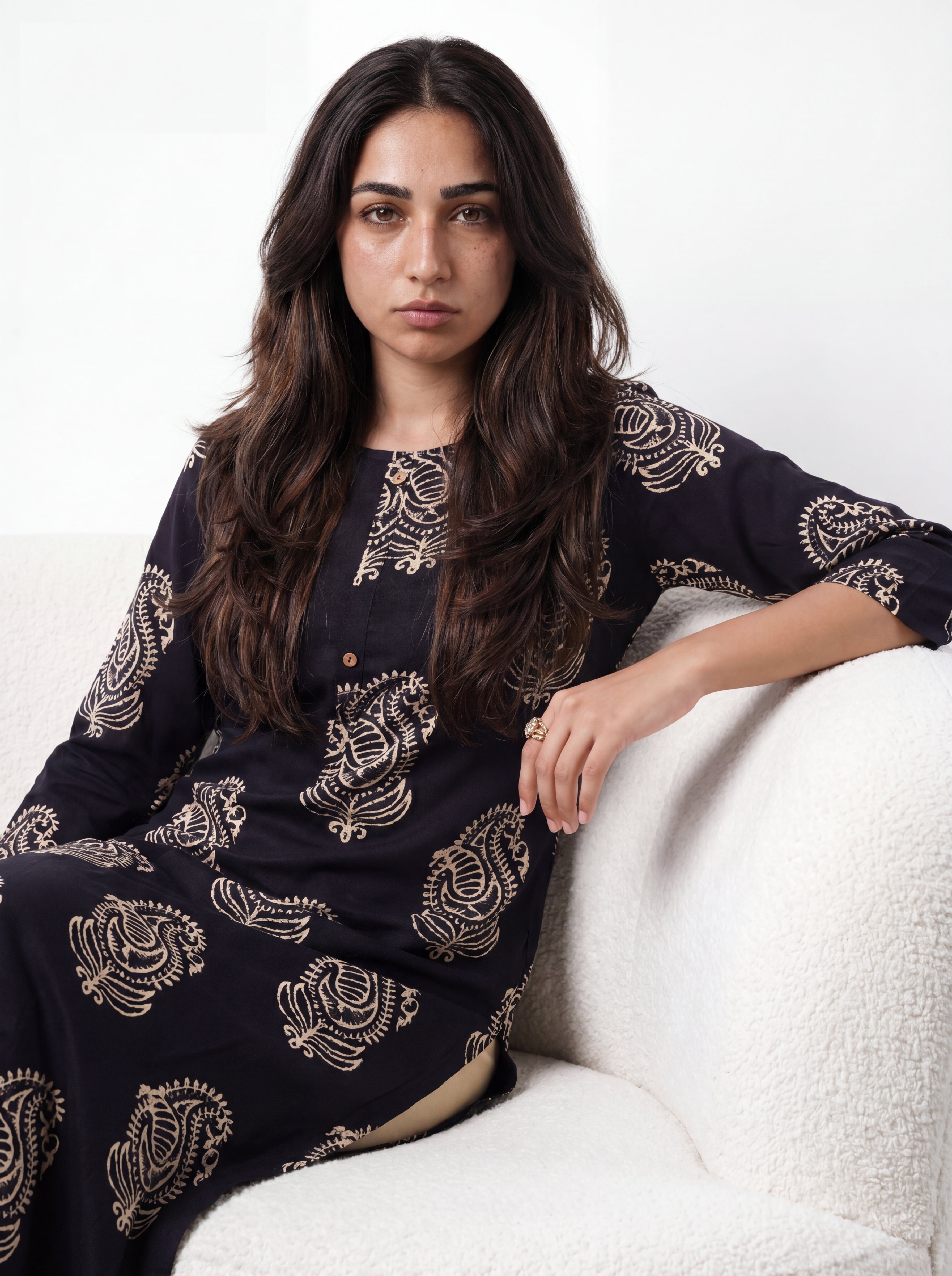 Black Rayon Printed Straight-Cut Kurti