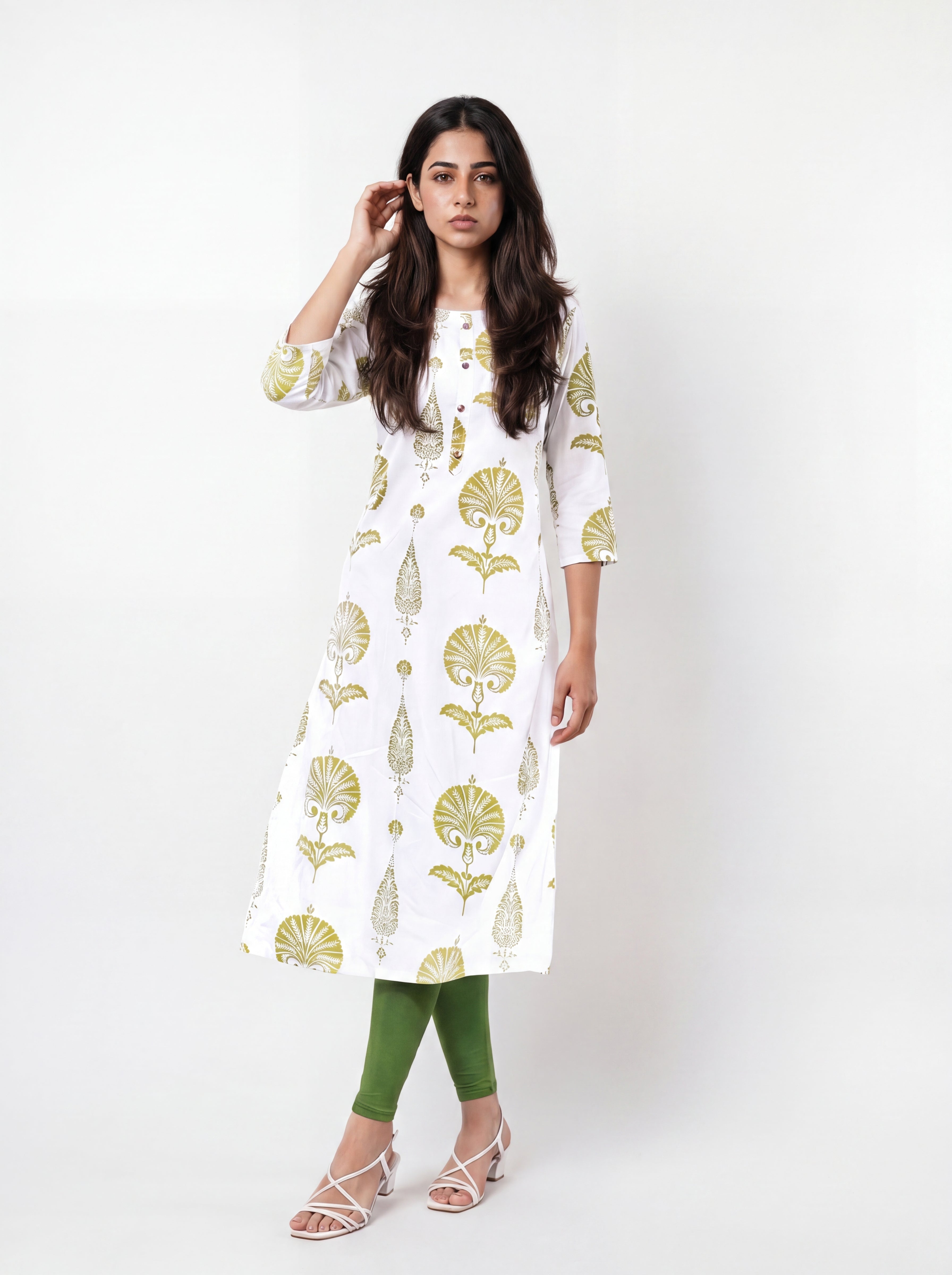 White Rayon Printed Straight-Cut Kurti