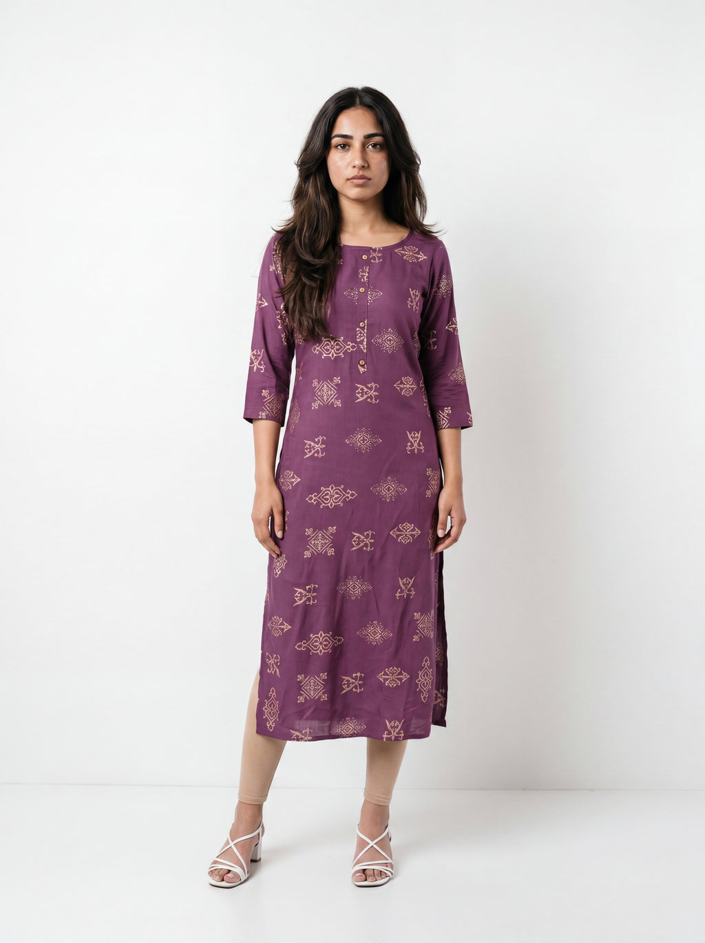 Wine Purple Rayon Printed Straight-Cut Kurti