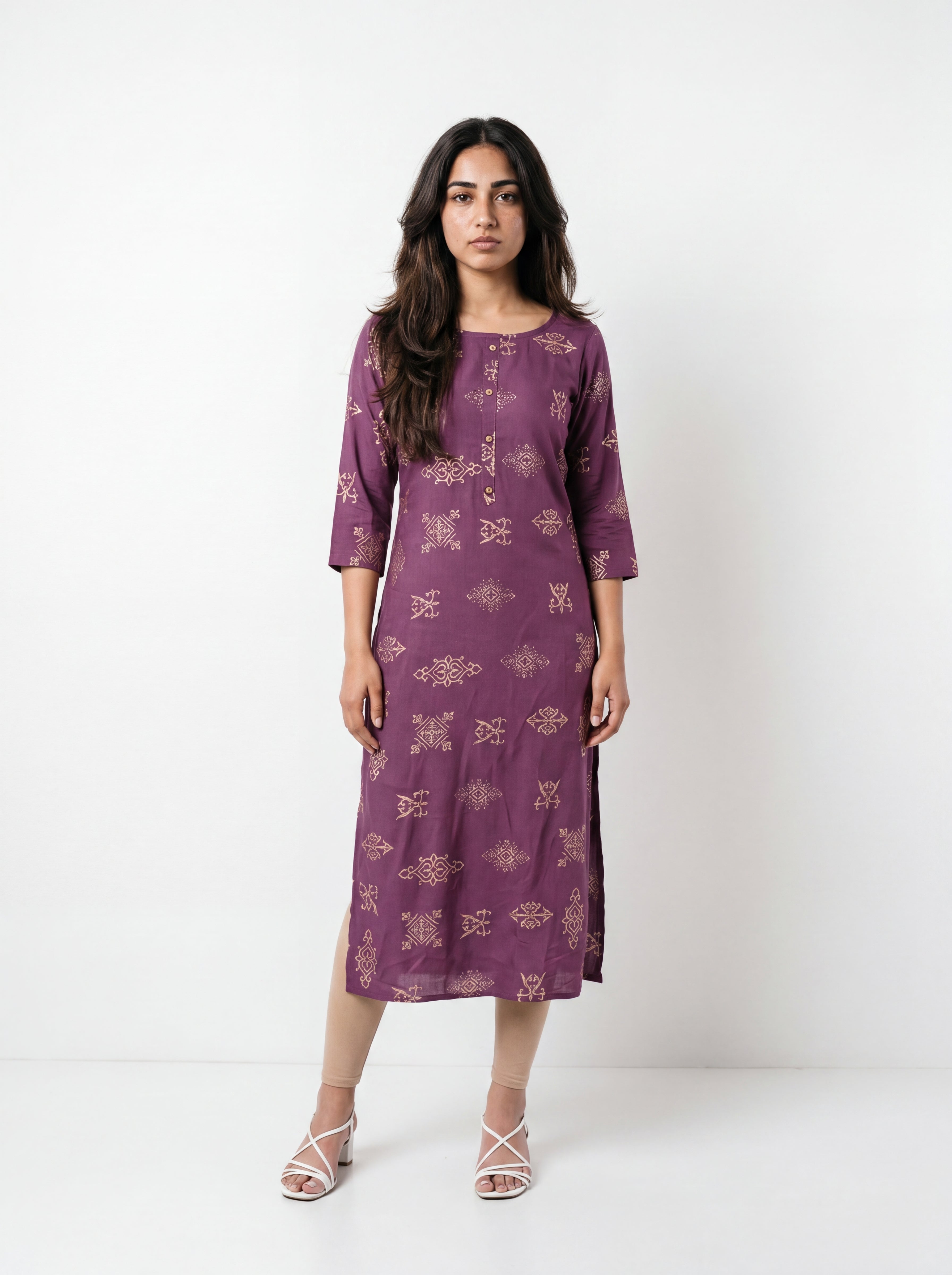 Wine Purple Rayon Printed Straight-Cut Kurti
