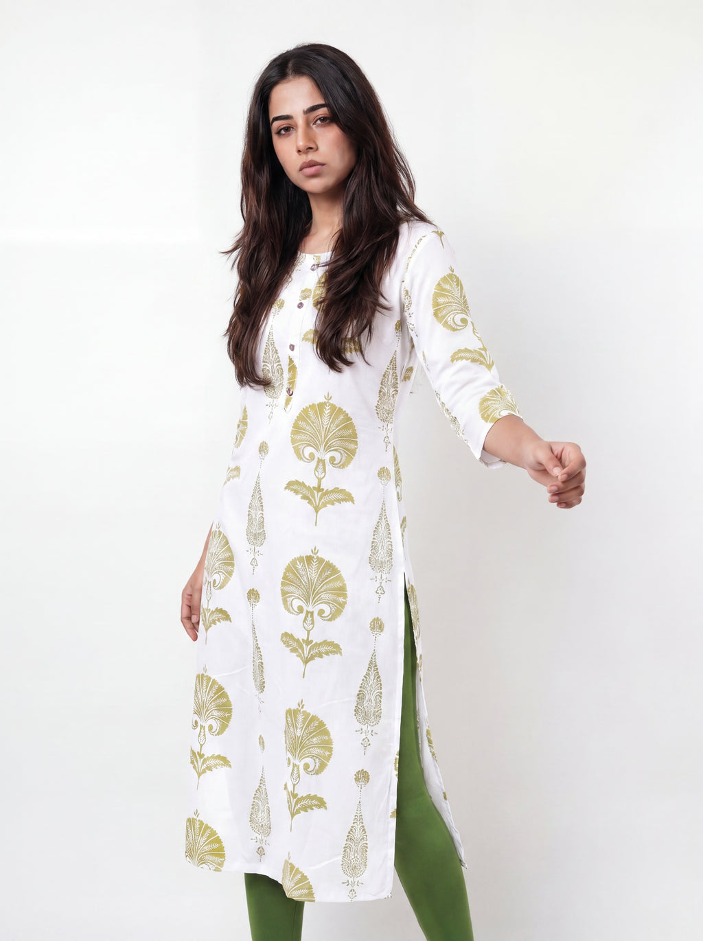 White Rayon Printed Straight-Cut Kurti