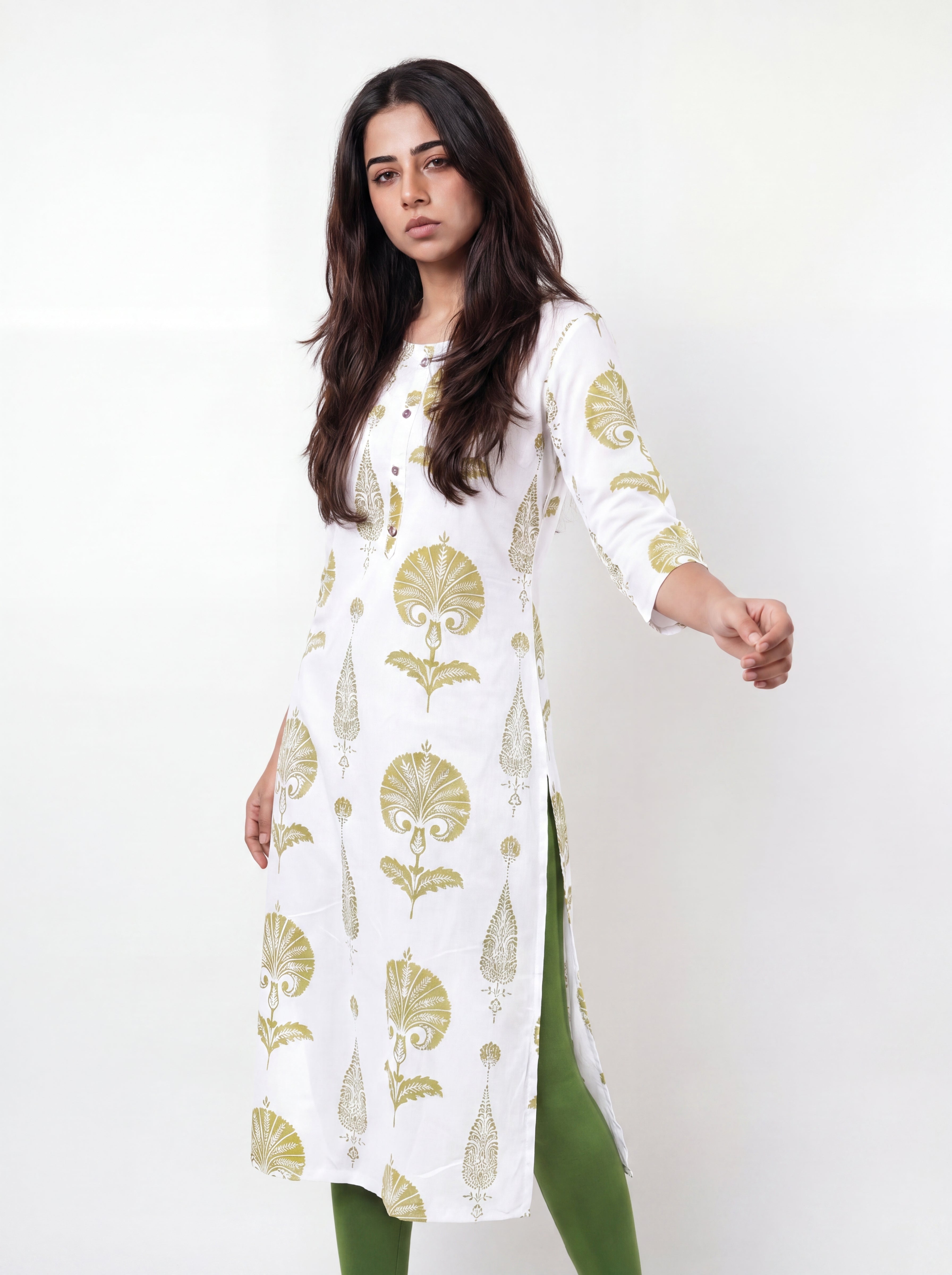 White Rayon Printed Straight-Cut Kurti