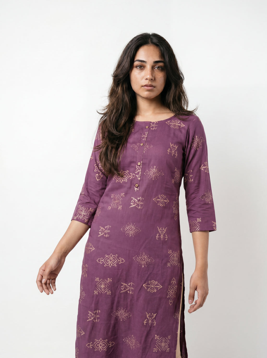 Wine Purple Rayon Printed Straight-Cut Kurti