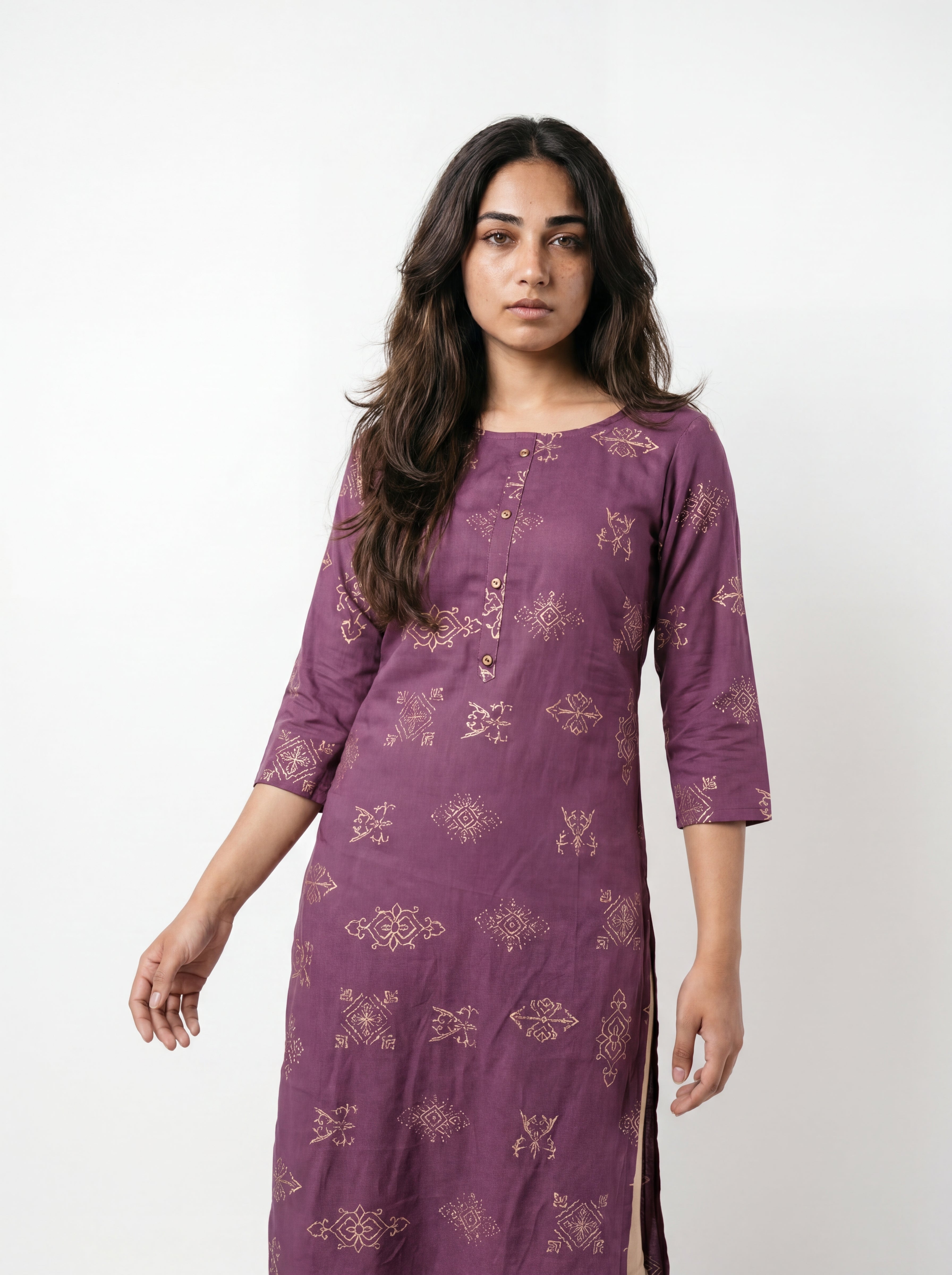 Wine Purple Rayon Printed Straight-Cut Kurti
