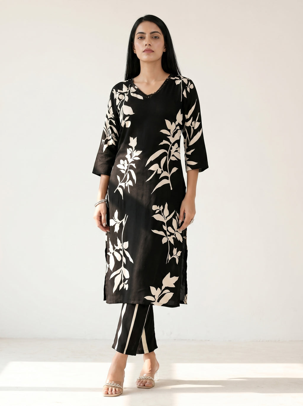 Black Rayon Floral Kurti Co-Ord Set
