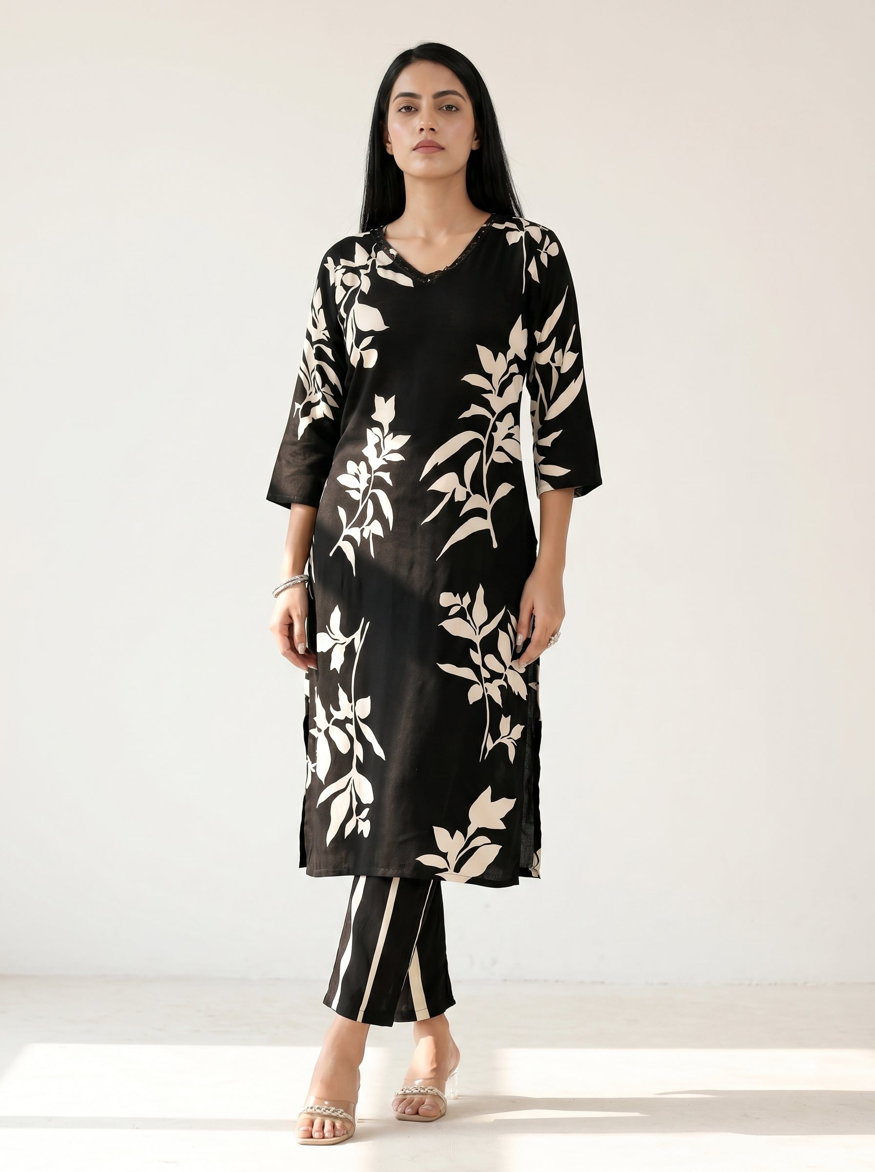 Black Rayon Floral Kurti Co-Ord Set