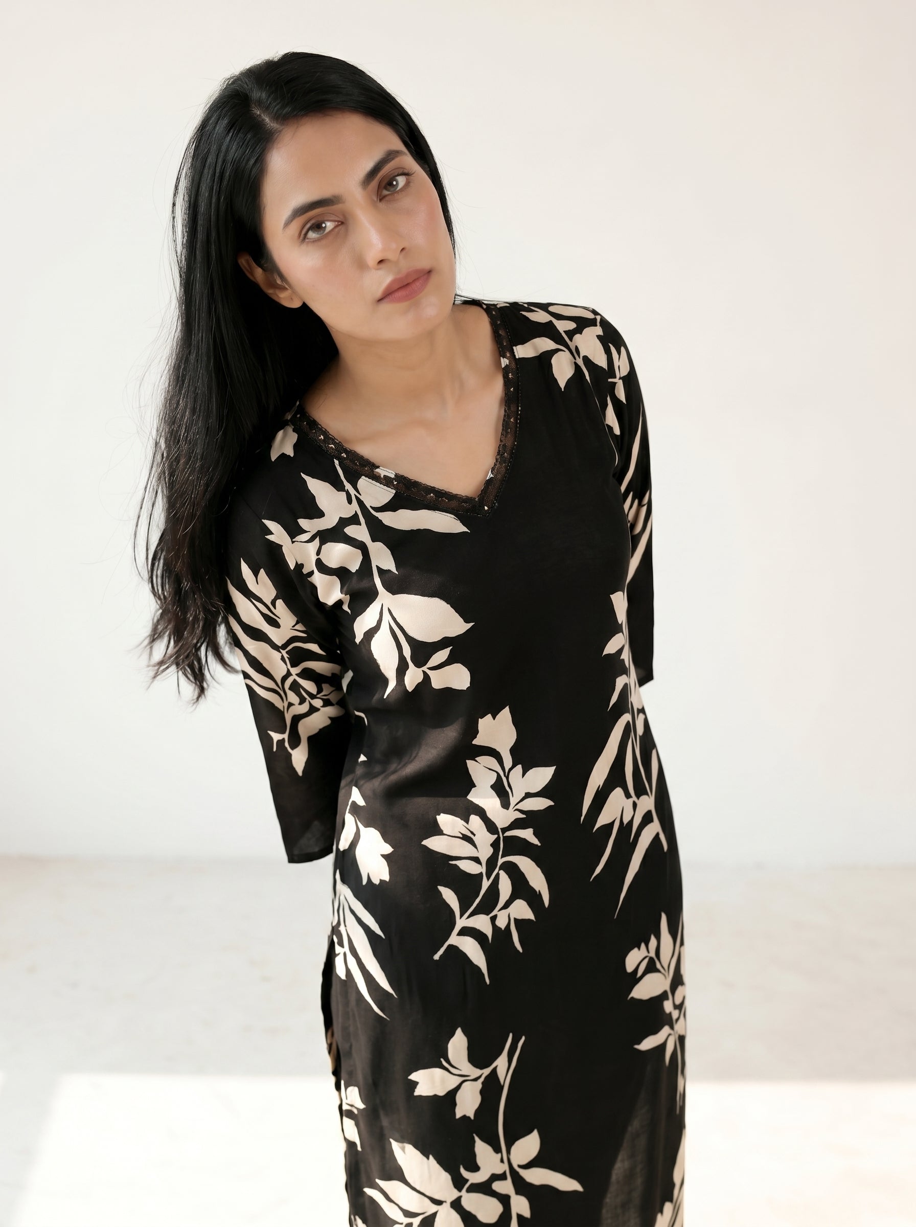 Black Rayon Floral Kurti Co-Ord Set